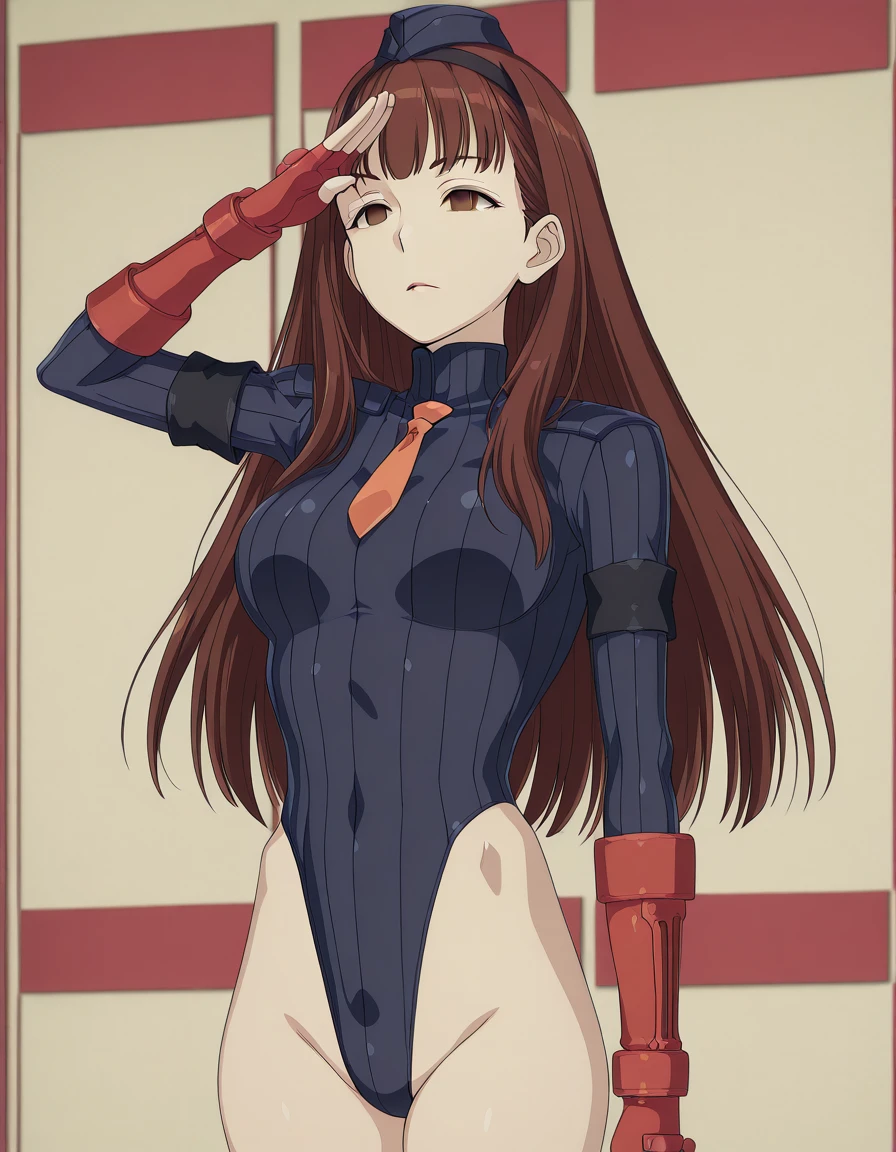ultra-detailed, Explicit, Beautiful body, Beautiful Nose, Beautiful character design, perfect eyes, perfect face, ultra highres, 4K, beautiful legs, perfect legs, Nice hands, Perfect hand, Masterpiece, Best Quality, Highly detailed, illustration, absurdres, street fighter, doll suit, shadaloo doll, dollsuit, expressionless, blank eyes, looking at viewer, red gloves, emotionless, black latex, corrution, mind control, female combatant, full body, hypnotized, unhappy trance, full body suit, ribbed bodysuit, both arms at side, obey, perfect female body, extremely glossy latex, hypnosis, hypnoLora, empty eyes, Mind control device, poses, submissive_pose, Slave, hat, necktie, stand up straight, standing, standing at attention, hat, necktie, belt, latex, ribbed bodysuit, thighhighs, garter belt, Fighting Stance, extending the right arm from the shoulder into the air with a straightened hand, nazi saluting, military, military saluting, salute, thigh boots, 1girl, Ai Mie, Suki na Ko ga Megane wo Wasureta, golden eyes, glasses, brown hair, very long hair