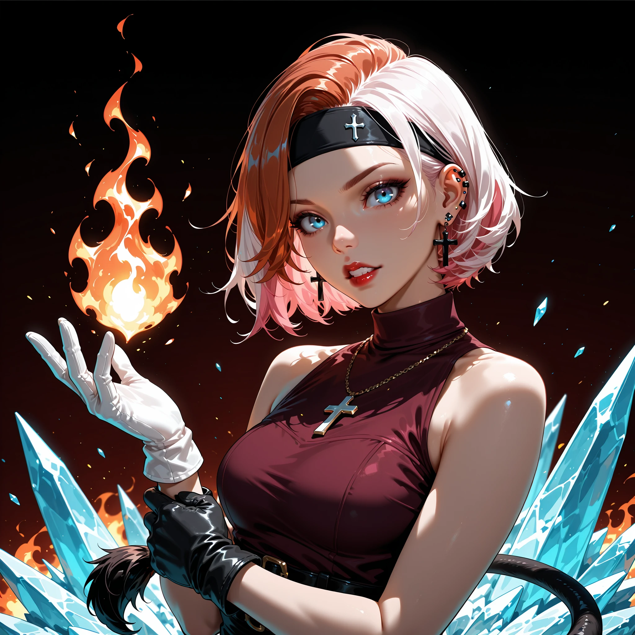 masterpiece, best quality, very aesthetic, absurdres, 1girl, solo, looking at viewer, short hair, blue eyes, gloves, bare shoulders, jewelry, upper body, pink hair, earrings, teeth, sleeveless, black gloves, necklace, headband, cross, red shirt, ear piercing, red lips two tone hair, auburn hair, white hair, tail, red background, white gloves fire, ice, black purple shirtâââ