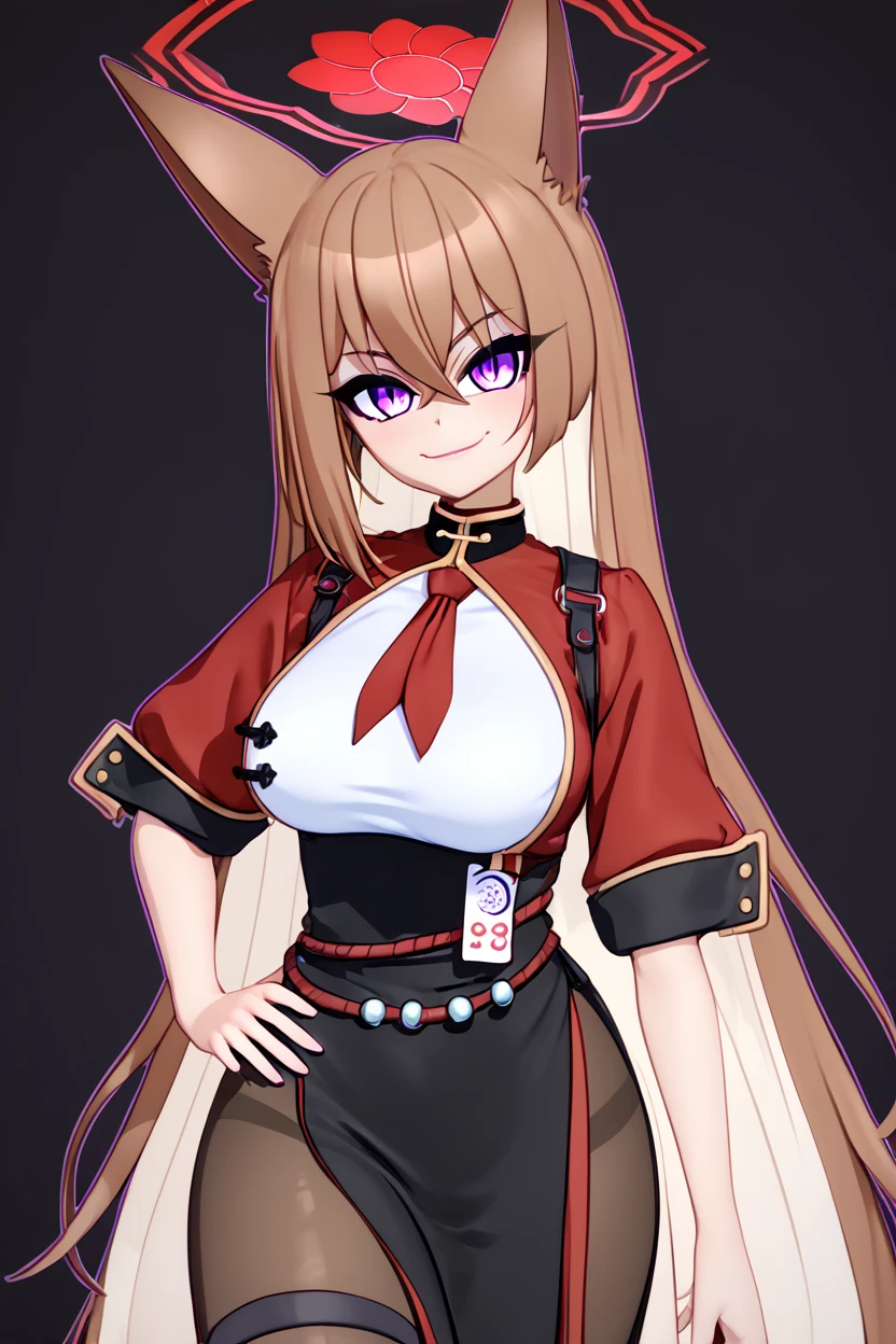 score_9, score_8_up, score_8, medium breasts, (curvy), cute, eyelashes, ,,, zzRumi, brown hair, animal ears, long hair, fox ears, halo, hair between eyes, large breasts, purple eyes, crossed bangs, red halo, very long hair 1girl, black skirt, brown pantyhose, solo, shirt, side slit, hand on own hip, thigh strap, black pantyhose, gourd, rope belt, short sleeves, thighs ,<lora:Rumi_Bluearchive_PDXL:1.0>, ,,,BREAK, smile, closed mouth, looking at viewer, cowboy shot, ,,, embedding:zPDXL, Expressiveh, ,,, <lora:MantisStyle_PDXL_v2:0.8>, <lora:SDXLFaeTastic2400:0.5>, <lora:Expressive_H-000001:0.4>,