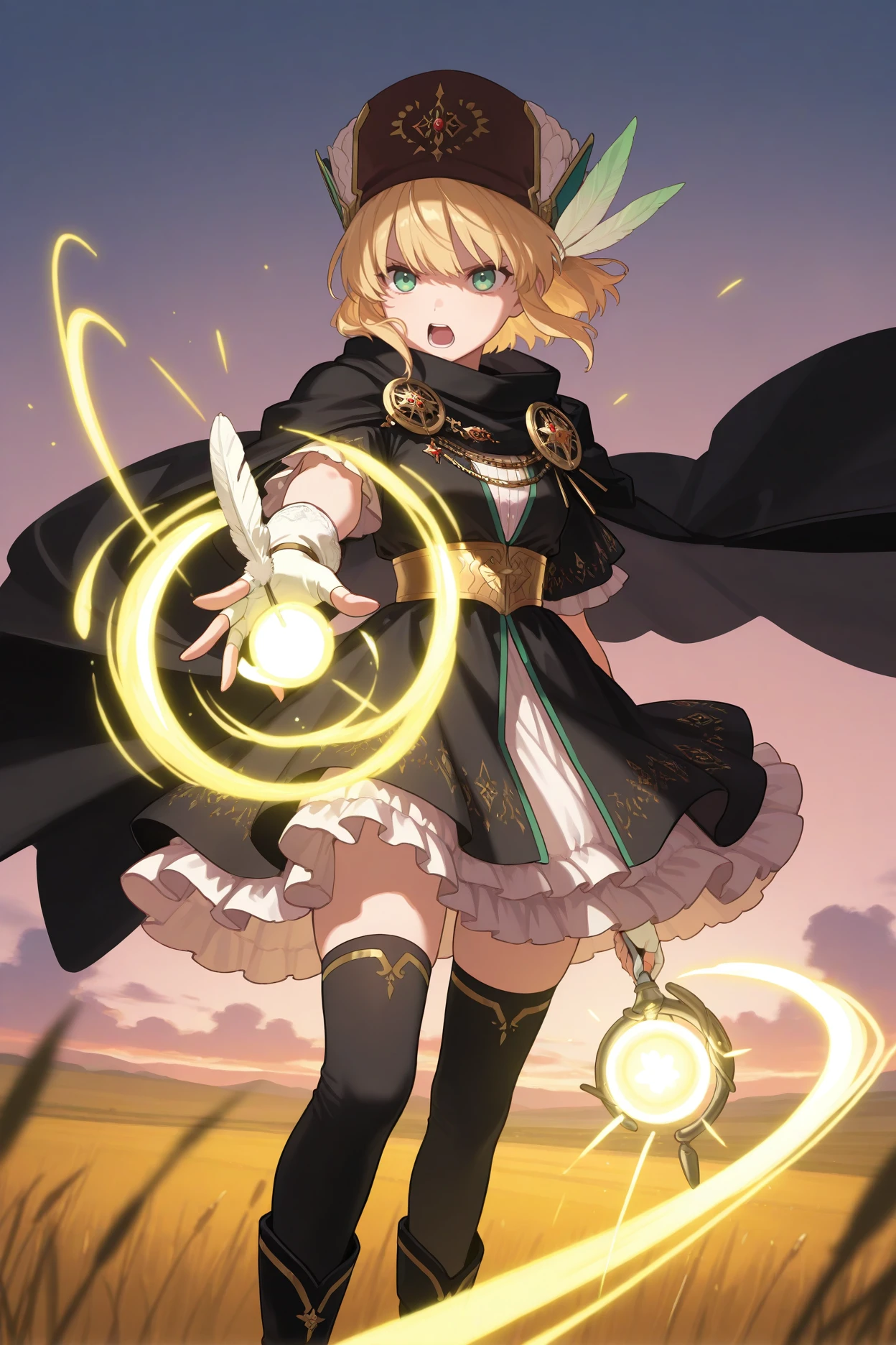 masterpiece, best quality, 1girl, solo, <lora:fenanna-illu-nvwls-v1-000006:1> msnna, blonde hair, short hair, green eyes, brown hat, black cloak, black dress, layered dress, frilled dress, gold underbust, fingerless gloves, white gloves, black thighhighs, black boots, outstretched hand, casting magic, serious, yelling, yellow magic, field, dusk, holding feather staff