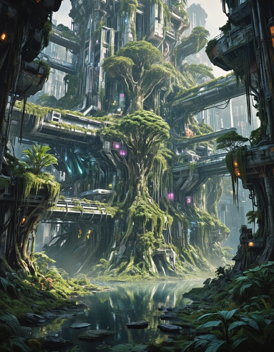 <lora:SWL_Underground1flux:1> swlu1, cyberpunk, underground, futuristic, abandoned, image6, photo of vertical eco-arcology, flooded futuristic canyon, massive trees growing through structures, neon accents, floating homes, moss-covered buildings, overgrown cyberpunk utopia, elevated walkways, sunlight through mist, lush vegetation, bioluminescent plants, cinematic lighting, towering green city, nature and technology blend, detailed, photorealistic, epic scale,