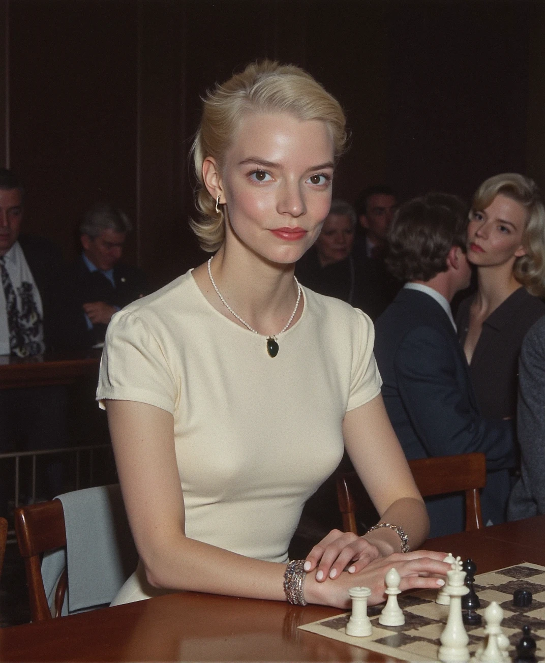 A candid photograph of (sks woman:1), blonde hair, âHotel Ballroom Tournament, Belgrade, 1964â
She sat tall behind a polished wooden board, her cream knit dress buttoned to the collar, with black patent leather heels tucked neatly beneath her chair. Her hair was set in a soft flip, and a gray cashmere cardigan draped over the back of her seat. Around her, the audience murmured behind velvet ropes. On the table: a mechanical chess clock, its ticking sharp in the hush of the ballroom. Her hand hovered above a rook for a momentâthen made the move in one clean, silent motion.
