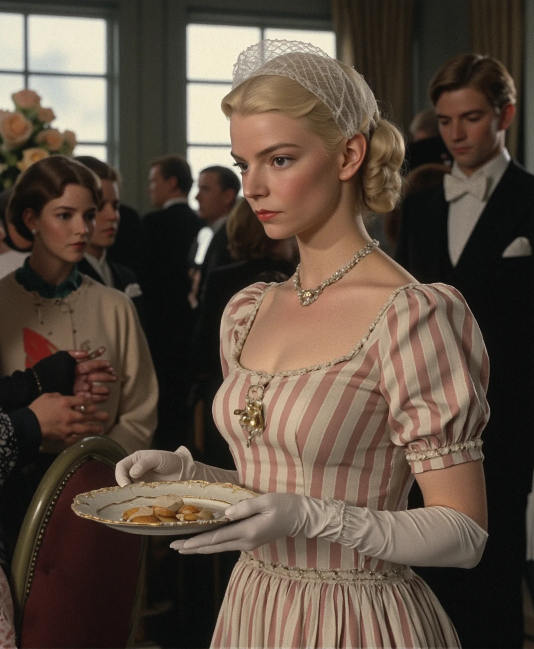 A candid photograph of (sks woman:1), blonde hair, âMidday Refreshments at Mrs. Davenhamâsâ
She held a china plate balanced lightly in one gloved hand, the other resting against the back of a tufted chair as she stood among the gathered ladies. Her day dress was striped ivory and rose, high-waisted and finished with a ruffled hem, a delicate fichu tucked modestly at the neckline. A gold brooch shaped like a lily blossom fastened the bodice, and a small cap of fine lace perched atop her carefully arranged hair, fastened with pearl-tipped pins. The room hummed with conversation as footmen passed with trays of cordial and lemon biscuits.