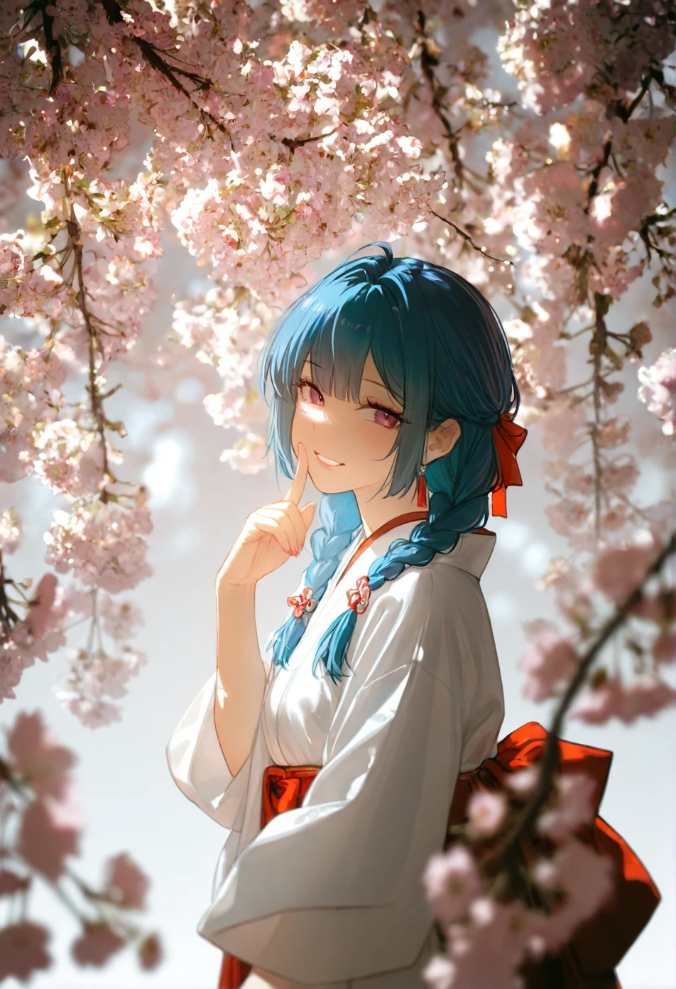 An exquisite digital rendering in anime style features a charming girl with turquoise hair styled in elegant braids,wearing a flowing white kimono embellished with delicate cherry blossom patterns and a pink ribbon tied in her hair. Her eyes are large and luminous,with a gradient of dreamy colors,and her playful grin invites you to share in her joy. Against a pure white background,she stands to the side,turning to face the viewer with curiosity.,
masterpiece,best quality,(hazy light:1.1),depth of field,bright,
