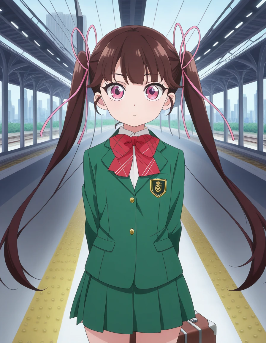 masterpiece, best quality, amazing quality,, <lora:haru-arisugawa-s1-illustriousxl-lora-nochekaiser:1>, haru arisugawa, arisugawa haru, long hair, brown hair, ribbon, twintails, hair ribbon, pink eyes, anime screencap, bow, school uniform, jacket, green jacket,, <lora:dynamic-pose-illustriousxl-lora-nochekaiser:1>, dynamic pose, cowboy shot, train station, waiting for train, suitcase, traveling, commute, city skyline, hands behind back, cowboy shot, solo, looking at viewer