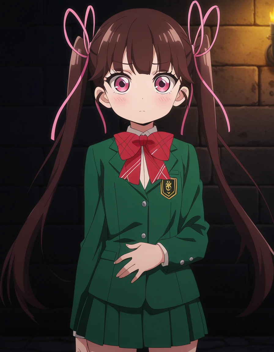 masterpiece, best quality, amazing quality,, <lora:haru-arisugawa-s1-illustriousxl-lora-nochekaiser:1>, haru arisugawa, arisugawa haru, long hair, brown hair, ribbon, twintails, hair ribbon, pink eyes, anime screencap, bow, school uniform, jacket, green jacket,, hand on stomach, blush,, dungeon, stone_walls, chains, torches, dark, cowboy shot, solo, looking at viewer