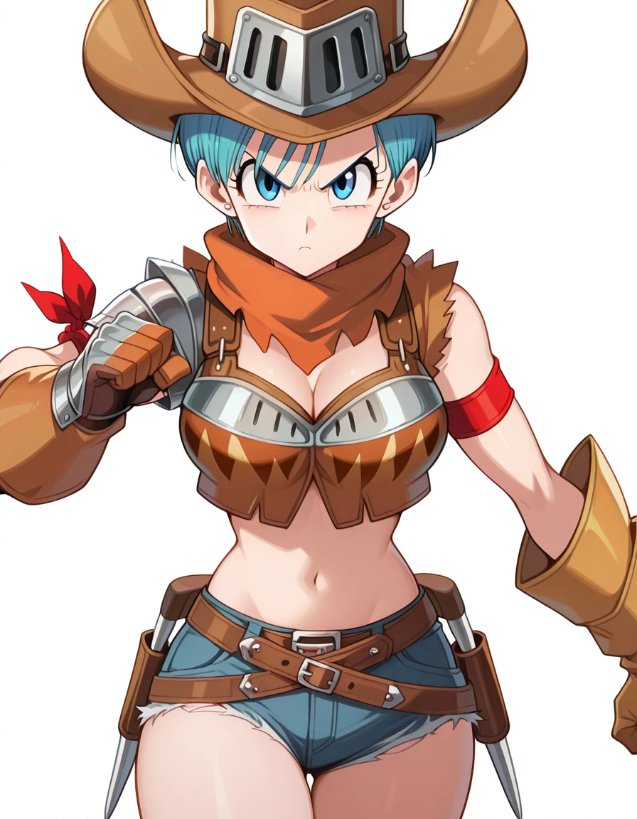 masterpiece, best quality, amazing quality,, <lora:dragonball-bulma-illustriousxl-lora-nochekaiser:1>, bulma, blue eyes, blue hair, short hair, mature female, medium breasts, anime screencap,, <lora:wroggi-armor-illustriousxl-lora-nochekaiser:1>, wroggi armor, armband, armlet, belt, belt skirt, cleavage, cowboy hat, cowboy western, cutoffs, denim, denim shorts, gauntlets, gloves, hat, jewelry, midriff, navel, short shorts, shorts, wroggi (armor), <lora:dynamic-pose-illustriousxl-lora-nochekaiser:1>, dynamic pose, fighting stance, cowboy shot, angry, , ,