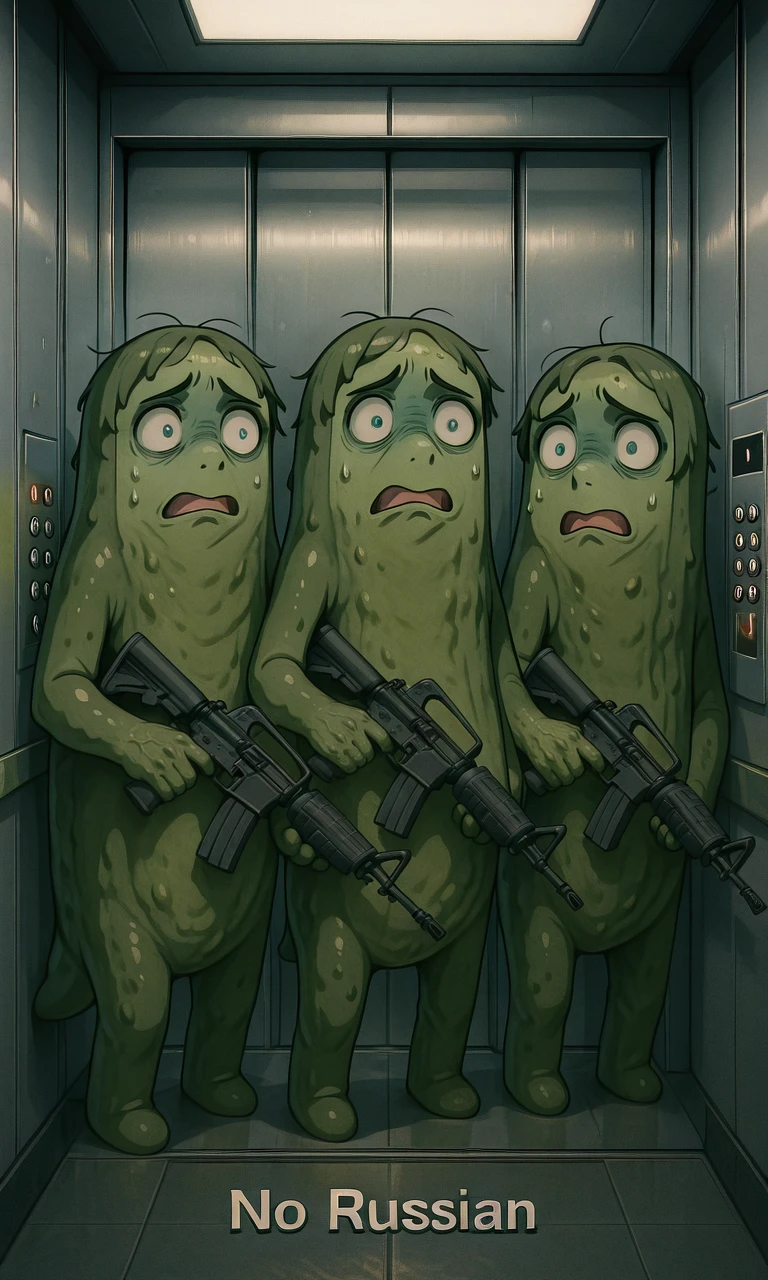 embedding:IllusP0s, pickle rickalized, green skin, (no russian), elevator, holding weapon, assault rifle, scared, 4boys,<lora:no russian_illustrious.safetensors:1.0:1.0> <lora:Pickle Rickalized_illustrious.safetensors:1:1>