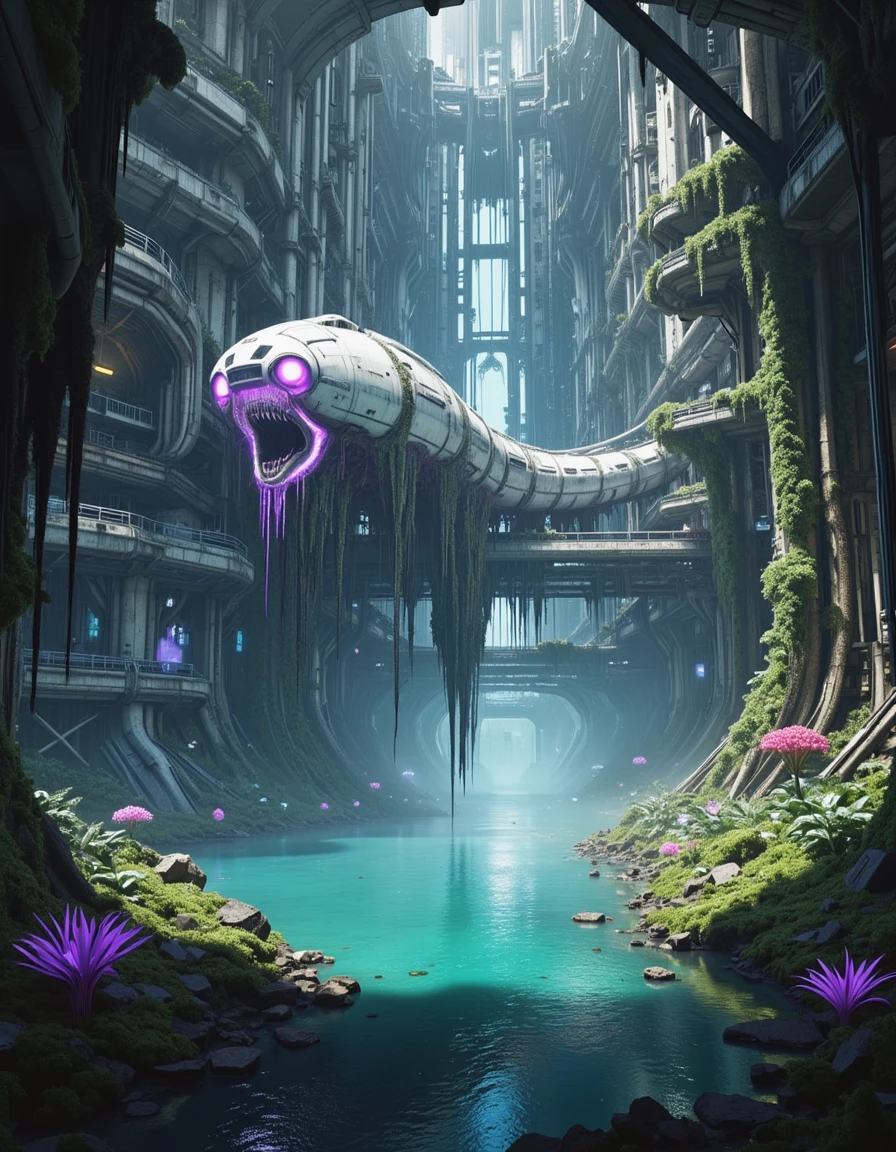 <lora:SWL_Underground1flux:1> photo of a vast, cinematic sci-fi ruin submerged in shimmering reflective waters, viewed from a low, mid-distance angle that stretches toward the towering backdrop of colossal vertical city structures. In the center, a massive, disgusting worm-shaped white alien spacecraft hovers suspended by biomechanical tendrils with lots of driping slime, glowing from beneath with vibrant neon violets and electric blues. The craftâs underside pulses with ethereal light, illuminating parts of the surrounding overgrowth. On both sides of the scene, the decayed remnants of futuristic arcology spires are cloaked in creeping moss, ivy, and lush foliage that spills over the edges of fractured metal platforms. Below, the water surface is broken by ancient industrial debris, sunken platforms, shattered bridges, and clusters of glowing aquatic plants in bright cyan, purple, and emerald hues. Light from high above pours down in shafts through broken ceiling panels, creating an atmosphere of divine mystery and discovery. Far in the hazy depth, layered corridors of the megastructure stretch toward infinity, evoking the overwhelming verticality of a forgotten utopia. Mist hovers over the surface, blurring reflections, while small bursts of vivid vegetation and alien flora erupt between concrete and steel seams. The ambiance blends post-apocalyptic awe with serene natural rebirth, surrounded by the hum of alien power and overgrown silence.