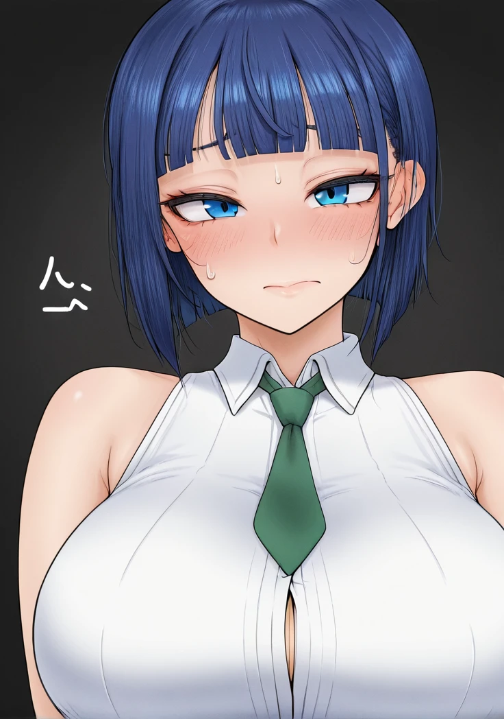 masterpiece, best quality, amazing quality, uncensored,high res, high details, hi res, best quality, source amine, 1girl,(kanako_yor, short hair, necktie, bangs, white shirt, sleeveless, blunt bangs, brown cardigan,large breast,blue eyes) upper body only, looking at viewer, shy,shy personality, nervous, simple background, black background, Random Pose, white blouse, breast focus, green tie,