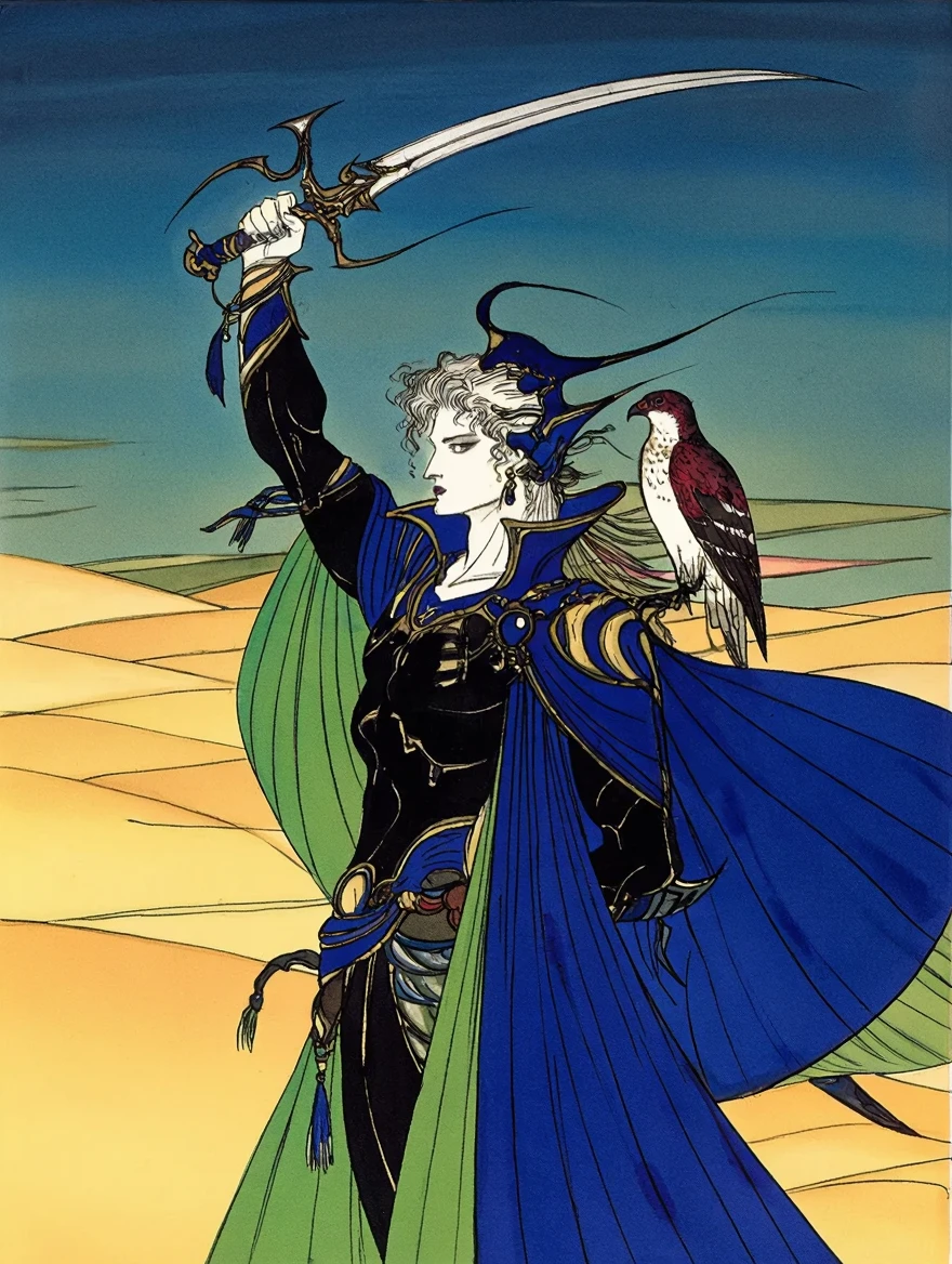 Style of Yoshitaka Amano. Man, almost ethereal in his beauty, raises a curved scimitar high above his head, while a hawk perches gracefully on his left shoulder. He's adorned in elaborate, flowing robes of deep blues and greens, with gold detailing accentuating his regal appearance, and his hair is a cascade of voluminous curls. The environment is a subtly rolling landscape, almost desert-like, with a few gentle curves in the background indicating distant hills or dunes, all bathed in a warm, slightly golden light that gives the scene a feeling of spaciousness. The lighting is soft and even, with a slight gradient from a warmer hue towards the top of the frame to a slightly cooler hue as it descends, giving the scene depth. The style is somewhere between a painting and a detailed illustration, executed with a masterful use of pen and ink, with vibrant watercolor washes that give it a lush, slightly fantastical feel. It's a medium-to-full body shot, with the woman taking up most of the frame, viewed slightly from below, giving her a sense of power and grace, while the overall atmosphere is one of triumphant, majestic serenity.