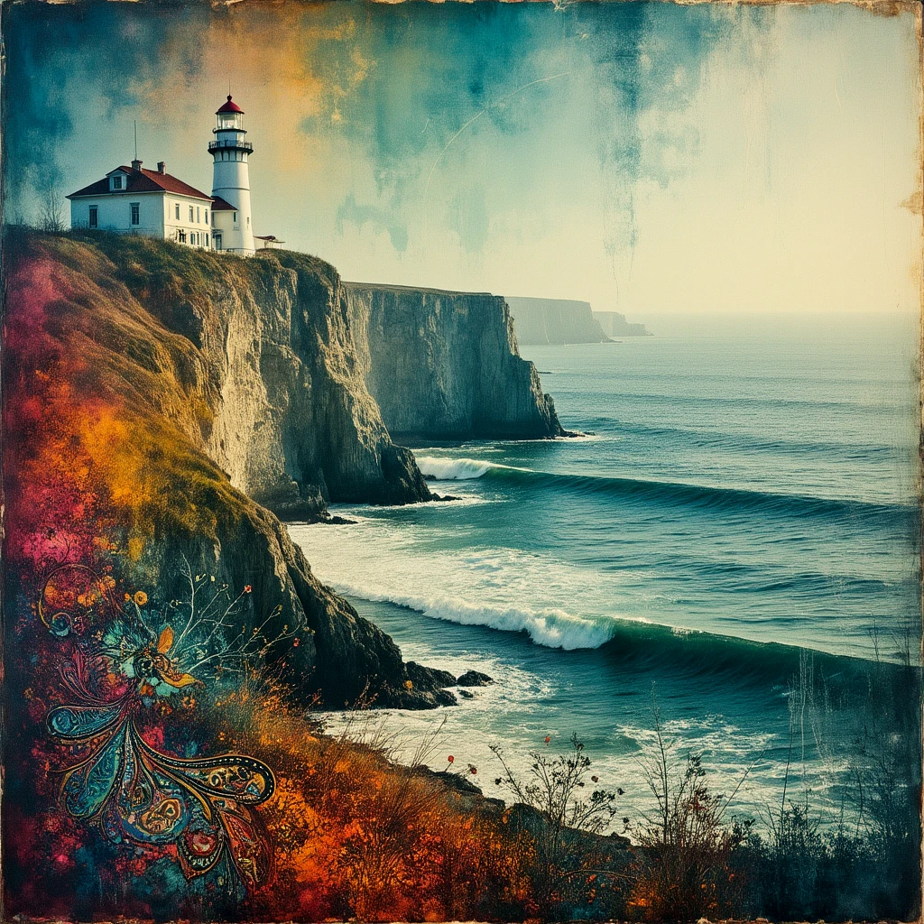 Atmospheric, moody. Double exposure. Color screenprint. Light leaking. Dry print, scraped.
An artistic, faded painting. faded Ink landscape. Ocean. Cliffs. Lighthouse. paisley patterns. Bohemian.
scrdxCE_style