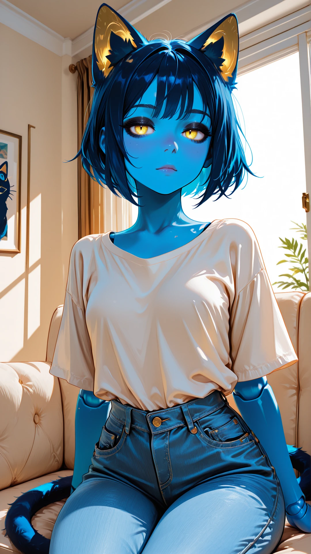 masterpiece, best quality, amazing quality, absurd res,
Flatline, Flat vector illustration, masterpiece, best quality, good quality, very aesthetic, absurdres, newest, 8K, depth of field, focused subject, dynamic closeup angle,
<lora:Capek_mrbalderus_for_Illustrious:1> 1girl, c4pek, cat ears, cat tail, short hair, colored skin, blue skin, yellow eyes, joints, blue hair, black eyeshadow, medium hips, short, dark blue ears, dark blue tail, gold inner ear,
shirt, jeans, indoors, living room, window, sitting on couch,