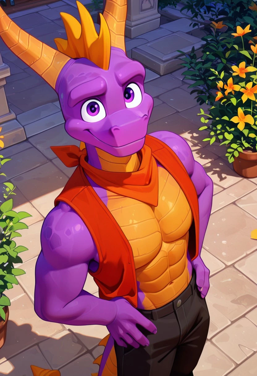 masterpiece, best quality, amazing quality, very aesthetic, absurdres, newest, high quality, detailed, Spyro, 1boy, solo male, dragon, anthro, mature male, purple eyes, horns, slender build, purple skin, yellow underbelly, standing, pecs, abs, red neckerchief, red orange vest, black pants, half body, looking at viewer, smiling, outdoors, volumetric lighting, sunny, hands on hips, high angle, looking up, overhead, from above, garden, courtyard, Flatline, Flat vector illustration