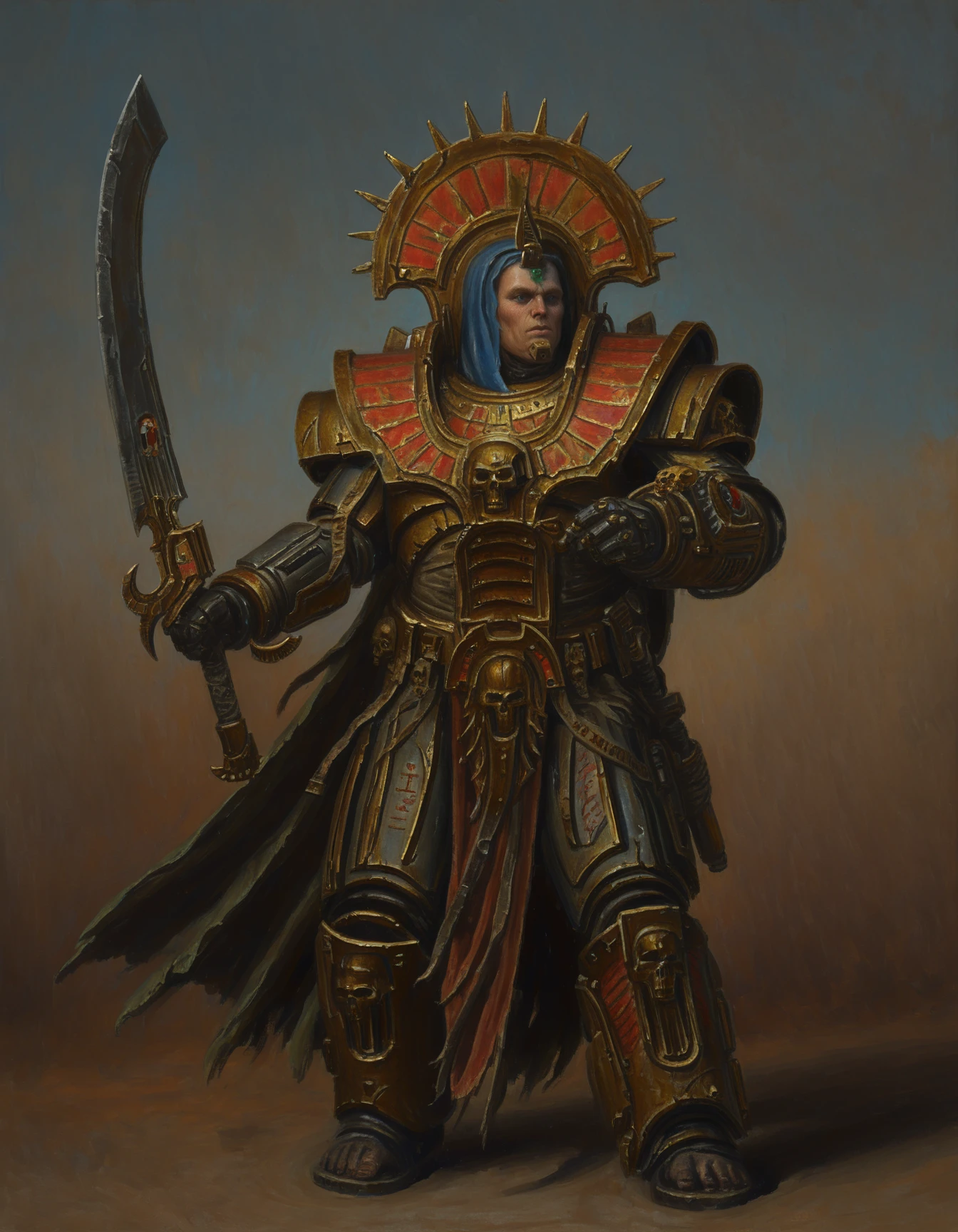 traditional media, highly detailed, (painterly, oil painting \(medium\):0.5), warhammer steel gauntlet holding sword, Warhammer 40k art, scifi art, fantasy art, moody art, Inquisitor, dark moody background, full body image,
<lora:Warhammer Tombkings Lycoris Illustrious 0.1:0.8>