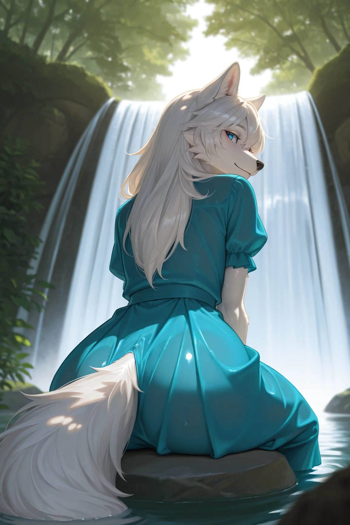 masterpiece, best quality, amazing quality, very aesthetic, high resolution, ultra-detailed, absurdres, newest, scenery, 1girl, furry, anthro, solo, white wolf girl, blue eyes, looking back at viewer, light smile, clothed, blue dress, white long hair, face focus, from below, fisheye, backlit, rim light, dappled sunlight, sitting on the stone in the middle of lake, waterfall, nature, sacred forest, water around, wet fur, back, long fluffy tail, BREAK, eyes, detailed eyes, detailed hair, depth of field, detailed fluffy fur, photorealistic details, volumetric lighting