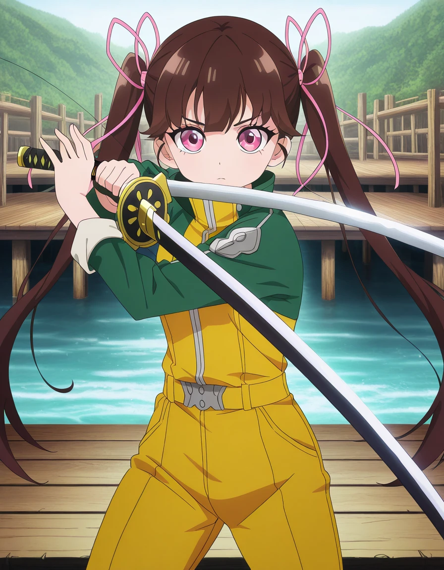 masterpiece, best quality, amazing quality,, <lora:haru-arisugawa-s1-illustriousxl-lora-nochekaiser:1>, haru arisugawa, arisugawa haru, long hair, brown hair, ribbon, twintails, hair ribbon, pink eyes, anime screencap, bow, school uniform, jacket, green jacket,, <lora:sword-guard-stance-illustriousxl-lora-nochekaiser:1>, sword guard stance, sword, weapon, solo, katana, holding, holding weapon, holding sword, looking at viewer, jumpsuit, yellow jumpsuit, high collar, cowboy shot, pants,, pier, wood, water, fishing, dock, cowboy shot, solo, looking at viewer