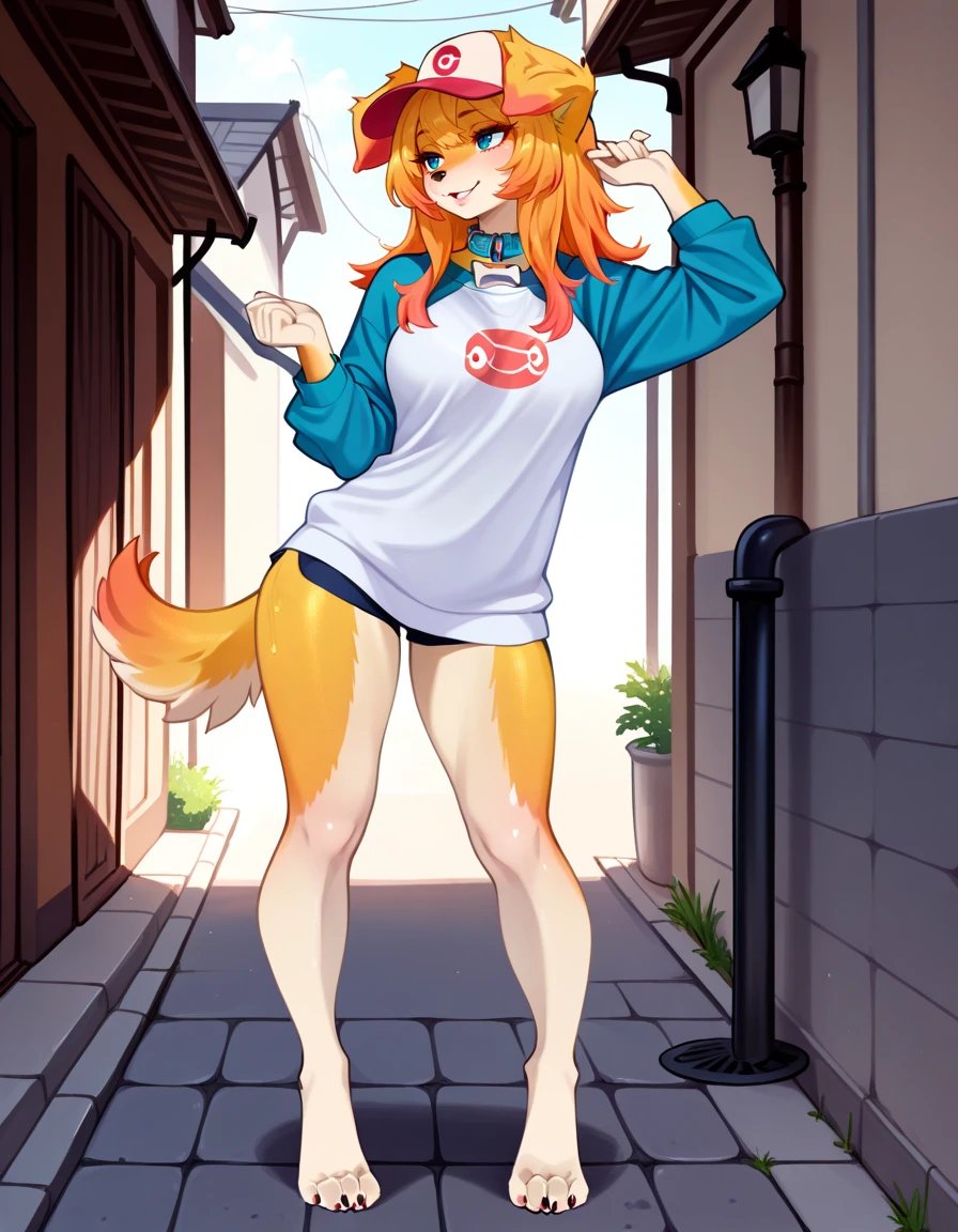 masterpiece, best quality, very aesthetic, absurdres,
outdoors,
barefoot, full body, standing, posing,
seductive smile, parted lips, long eyelashes,
<lora:Blue_v01_NAIXL:1>
81u3,1girl,solo,furry,furry female,dog girl,dog ears,long hair,blonde hair,multicolored hair,orange hair,baseball cap,blue eyes,
snout,animal nose,collar,body fur,two-tone fur,dog tail,