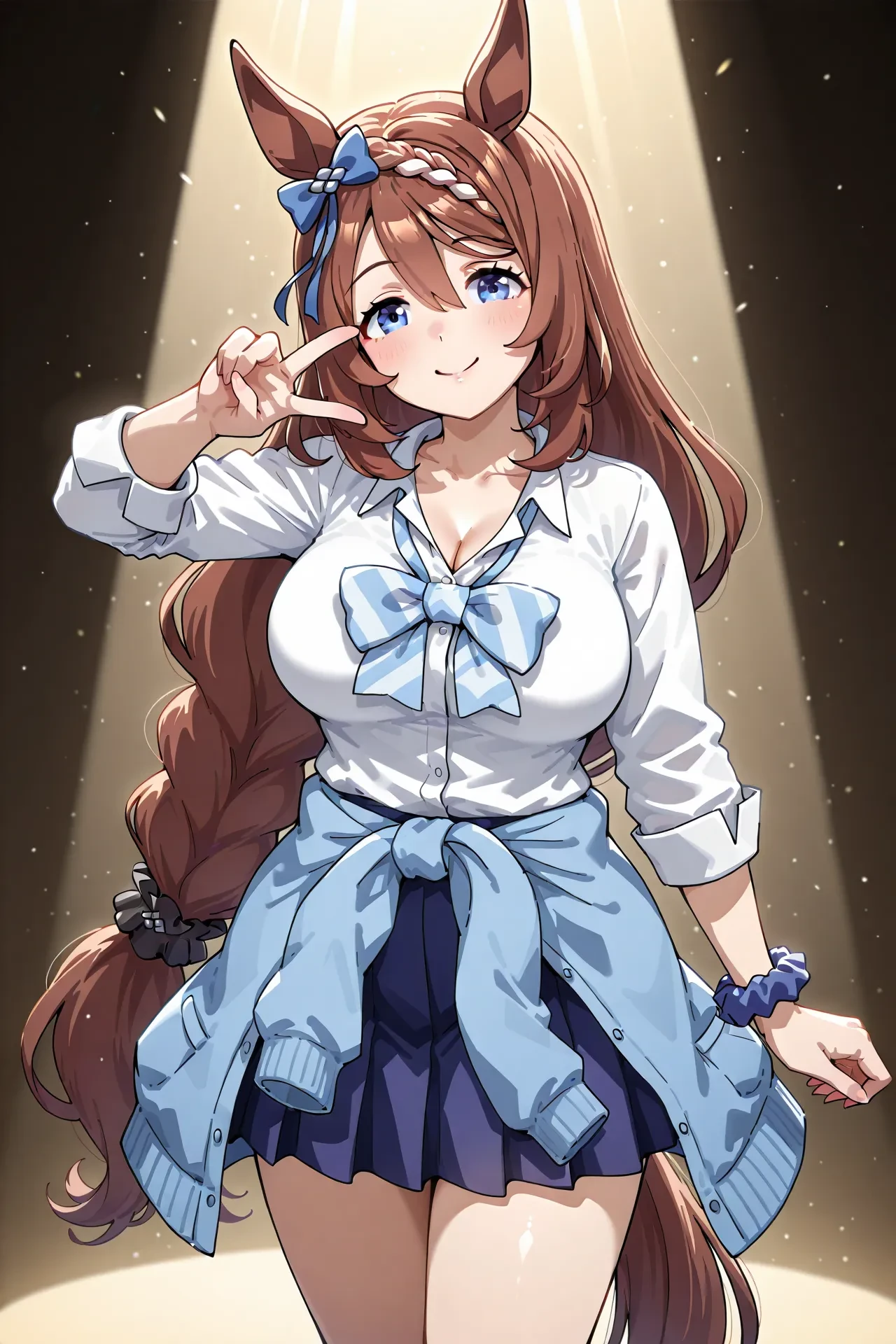 1girl,solo,
cowboy shot,spotlight,looking at viewer,smile,pose,
<lora:Gal_Super_Creek:1>,super creek \(umamusume\),large breasts,animal ears,horse ears,horse girl,horse tail,long hair,tail,brown hair,blue eyes,very long hair,hair between eyes,bangs,braided ponytail,
cleavage,scrunchie,white shirt,clothes around waist,long sleeves,loose socks,skirt,shirt,pleated skirt,blue bow,collarbone,blue skirt,