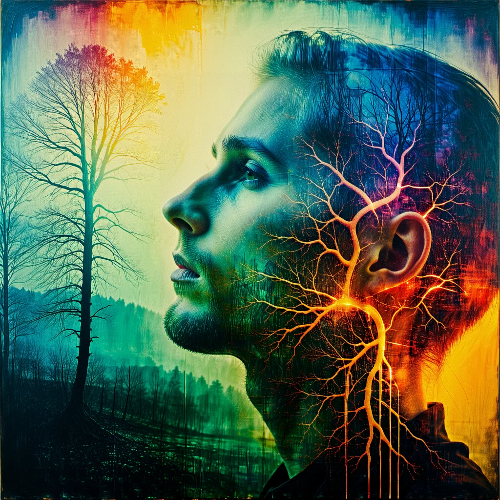 Double exposure. Layered dreamlike art. Light leak. Screenprint texture.
A mind engulfed in a neural network, Glowing.
scrdxCE_style