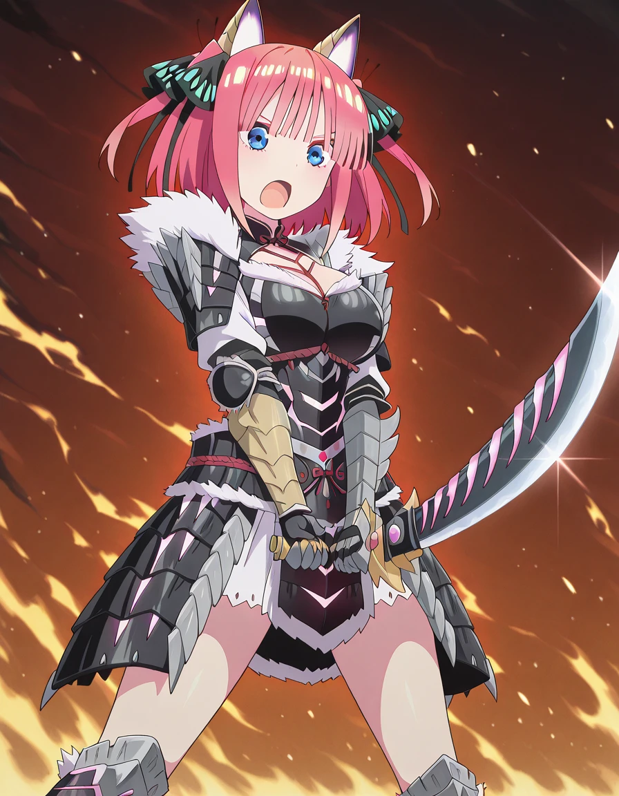 masterpiece, best quality, amazing quality,, <lora:nino-nakano-s2-illustriousxl-lora-nochekaiser:1>, nino nakano, short hair, bangs, blue eyes, hair ornament, hair ribbon, pink hair, blunt bangs, two side up, butterfly hair ornament, large breasts, anime screencap, <lora:stygian-zinogre-armor-illustriousxl-lora-nochekaiser:1>, stygian zinogre armor, armored skirt, fur trim, hip vent, stygian zinogre (armor), zinogre (armor), fake animal ears,, <lora:sunrise-stance-illustriousxl-lora-nochekaiser:1>, sunrise stance, weapon, sword, solo, open mouth, holding weapon, holding, holding sword,, frown, open mouth, ,