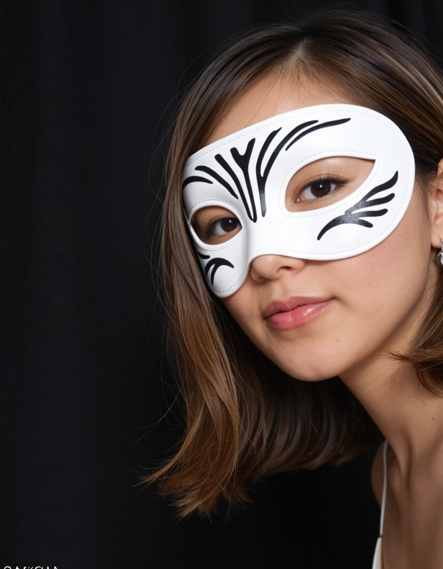<lora:dmd2_sdxl_4step_lora_fp16:1>
<lora:Saki-000009:0.8> sakichan,
, centere aligned shot, earrings, (body), shoulder length hair, black background, wearing zebra white leather striped eye mask,
photorealistic, ultra high-resolution, shallow depth of field,