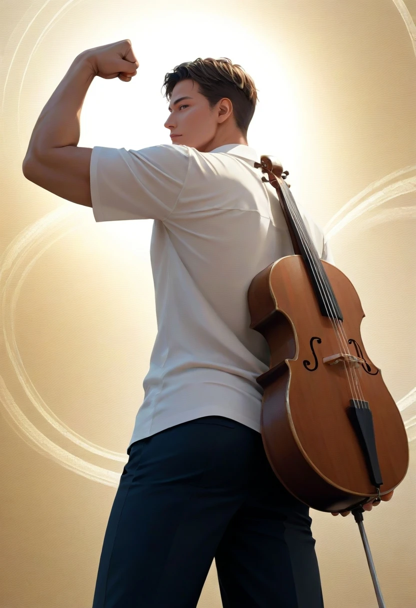 score_9,score_8_up,score_7_up,source anime,best quality,best aesthetic,perfect anatomy,1boy,solo,(detailed background,look at viewer,holding_instrument,Flexing,ground view down,Facing Away,low view,Diagonal Composition,cinematic lighting),<lora:StS_detail_slider_v1:1>,<lora:age_slider_v4:2.5>,