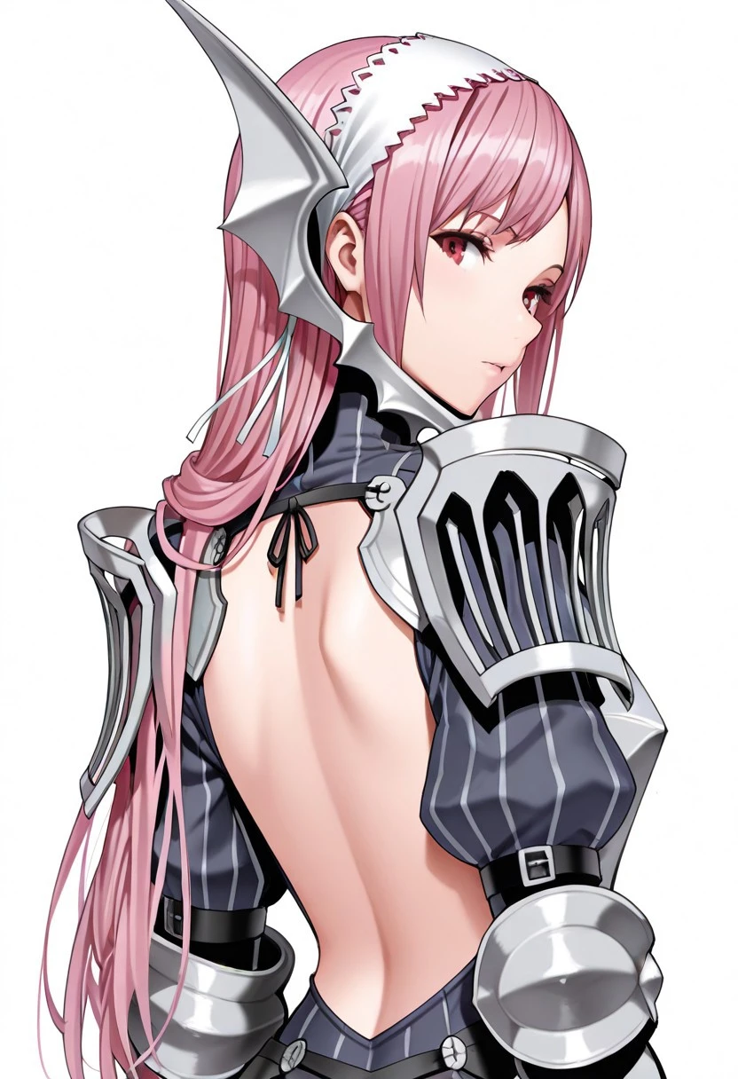 masterpiece, best quality, crimsonj-girl.fightil, 
  1girl, Cherche, long hair, pink hair, hairband, red eyes, armor, breastplate, shoulder armor, backless outfit,
looking at viewer, smilling,
  Simple background,  perfect 