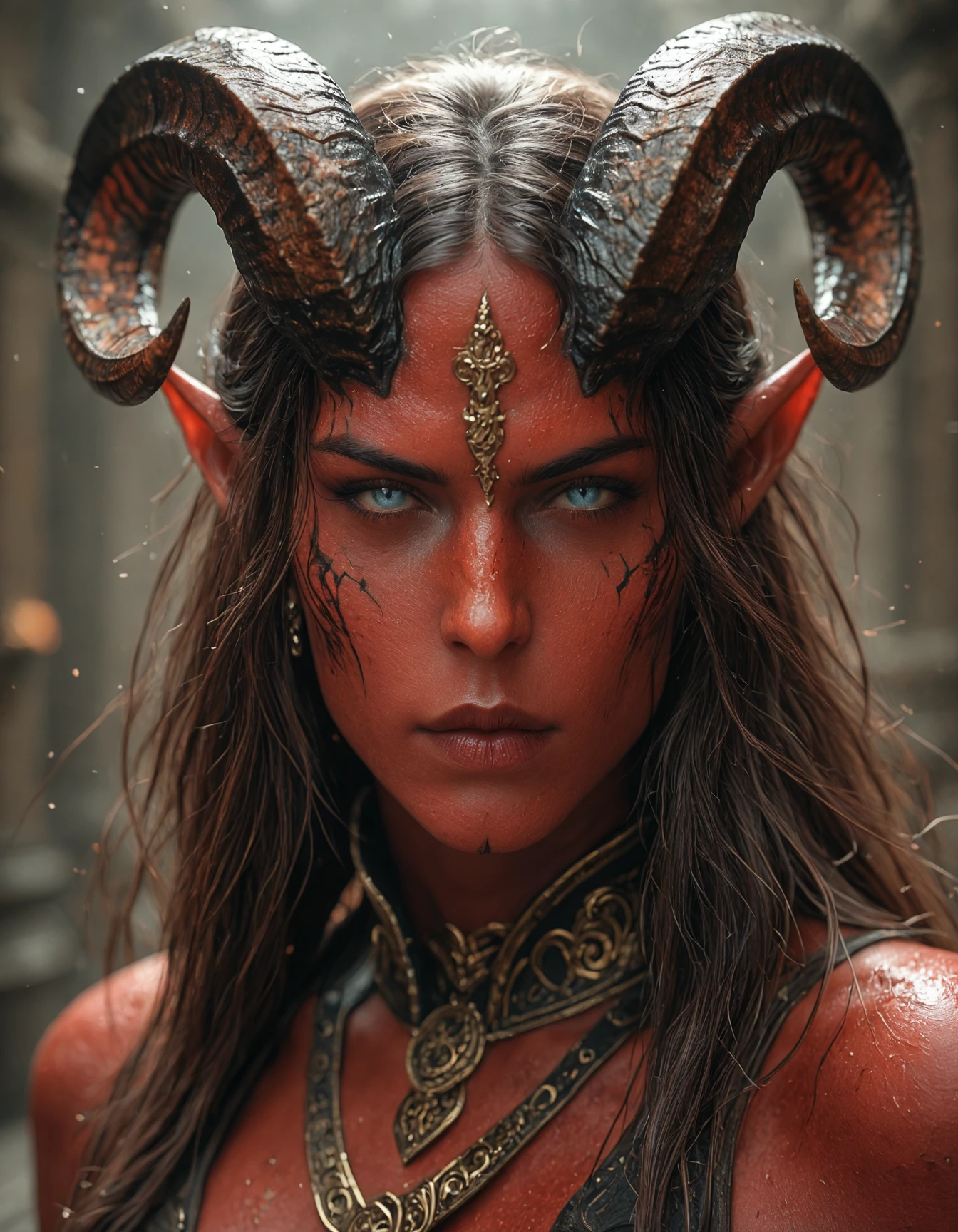masterpiece, best quality, amazing quality, very aesthetic, high resolution, absurdres, newest, photorealism, realistic,, Close up portrait of an ancient blue-skinned tiefling with golden accents, he has long hair and beard and horns on his head, in the style of fantasy art, cinematic, octane render, hyper detailed, volumetric lighting, cinematic shot, in the style of artstation. hkevil, <lora:BeautyInEvilIL:1>