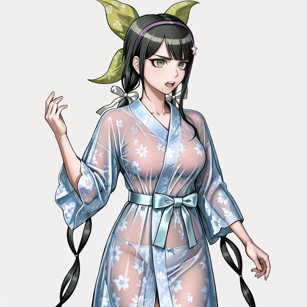 <lora:Tenko_illustrious_v1:.9> Tenko, 1girl, hair ornament, mole under mouth, twintails, hair ribbon, hairband, black hair, green eyes, breasts, bangs, cowboy shot, <lora:IL_Floral_mesh_Robe_see-through:0.7> floral mesh robe, long sleeves, see-through, satin bow belt