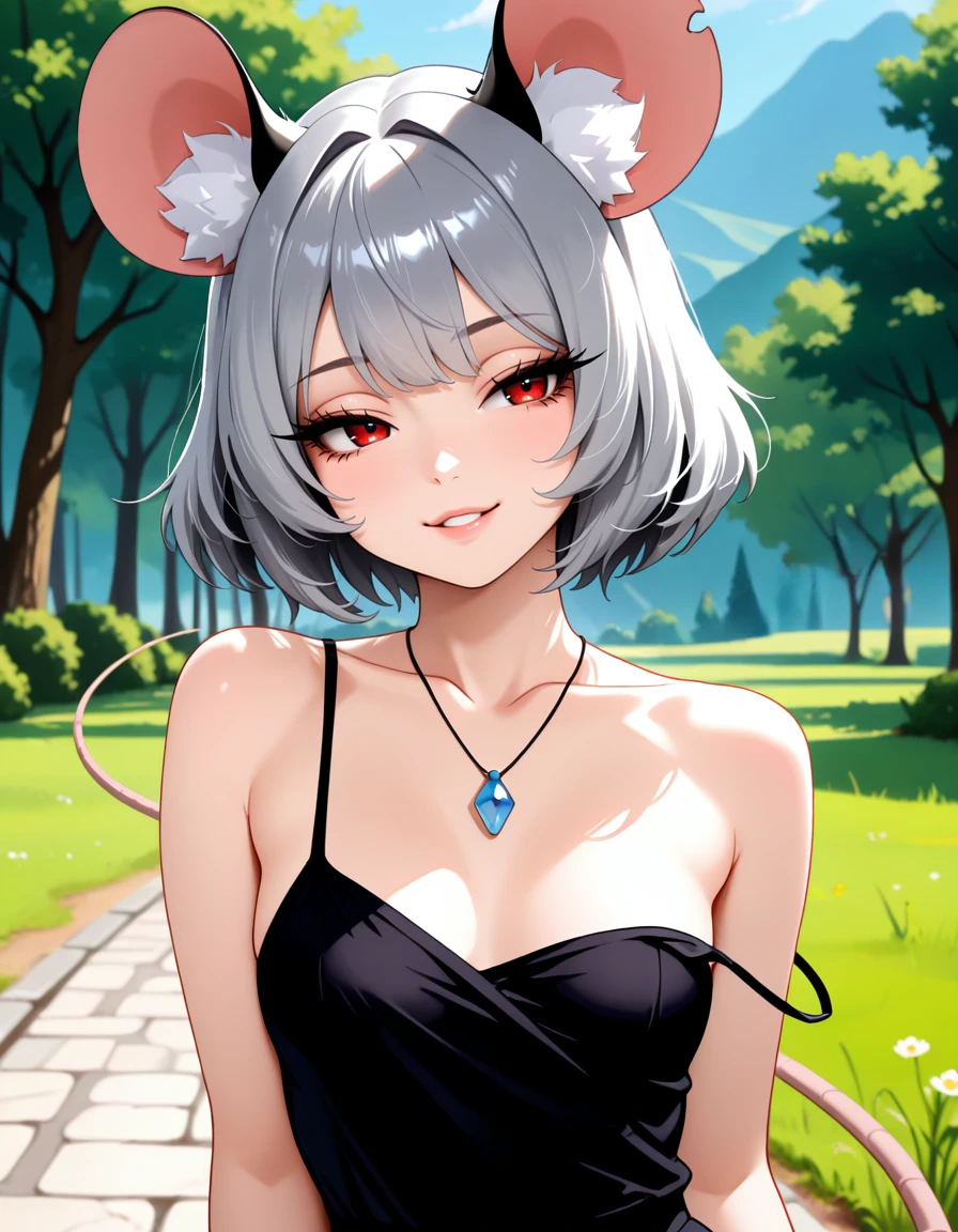 masterpiece, best quality, very aesthetic, absurdres,
outdoors,
upper body, body, standing, posing,
seductive smile, parted lips, long eyelashes,
<lora:Nazrin_v01_NAIXL:1>
N4zr1n,1girl,solo,mouse girl,mouse ears,animal ear fluff,short hair,bangs,grey hair,red eyes,pendant,mouse tail,