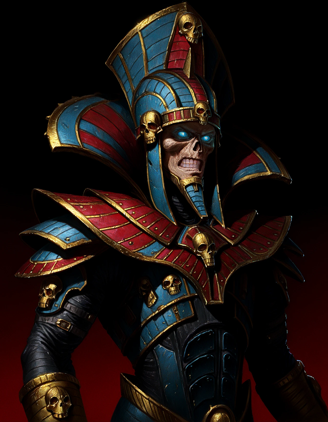 masterpiece, realism, traditional media, skull, glowing eyes, glowing, armor, solo, 1boy, teeth, helmet, blue eyes, upper body, cowboy shot, skull ornament, gold trim, power armor, shoulder armor, simple background, pauldrons, portrait, clenched teeth, red gradient background, film grain,
<lora:Warhammer Tombkings Lycoris Illustrious 0.1:0.8>