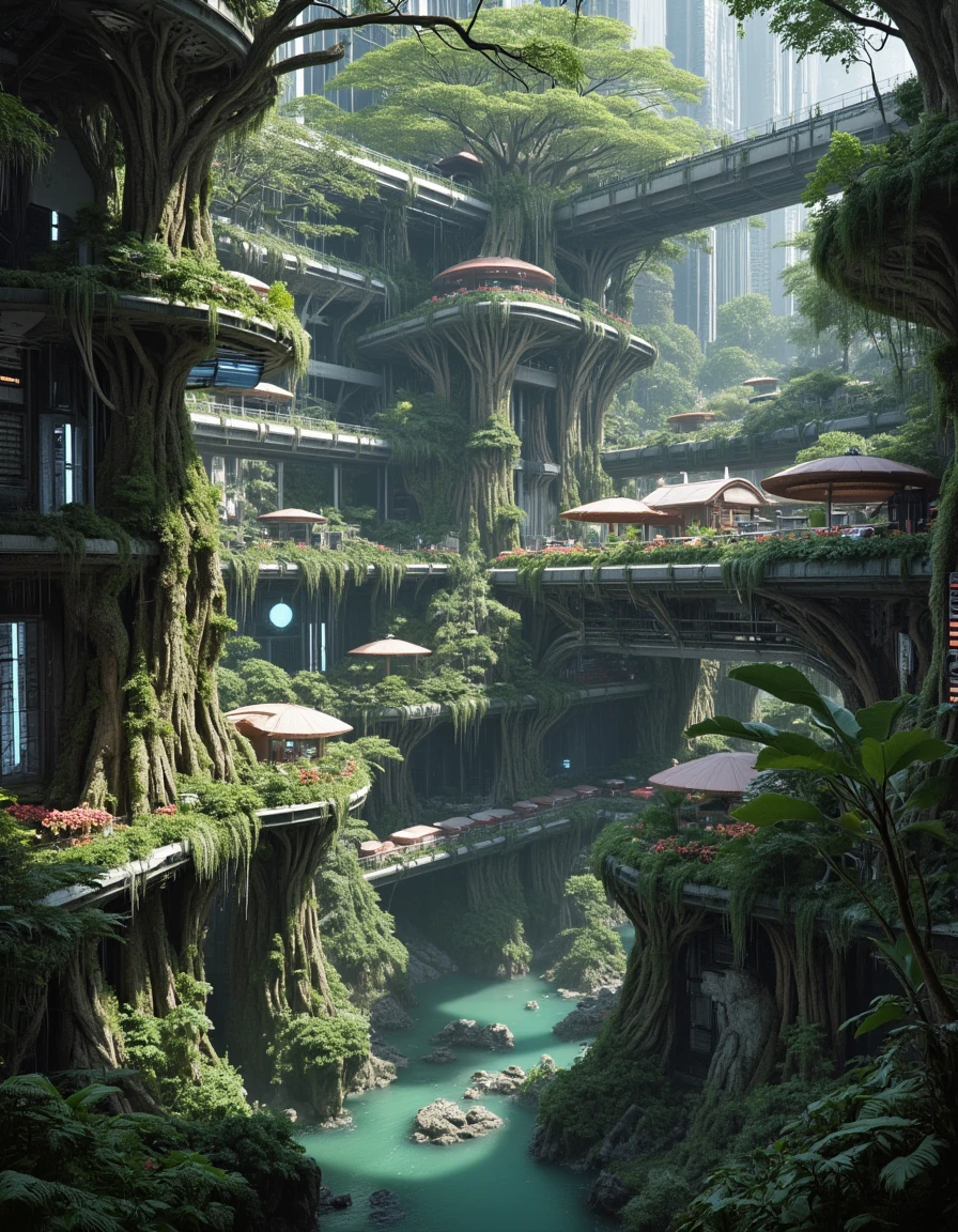 <lora:SWL_Underground1flux:1> photo of vertical eco-arcology, flooded futuristic canyon, massive trees growing through structures, neon accents, floating homes, moss-covered buildings, overgrown cyberpunk utopia, elevated walkways, sunlight through mist, lush vegetation, bioluminescent plants, cinematic lighting, towering green city, nature and technology blend, detailed, photorealistic, epic scale,
