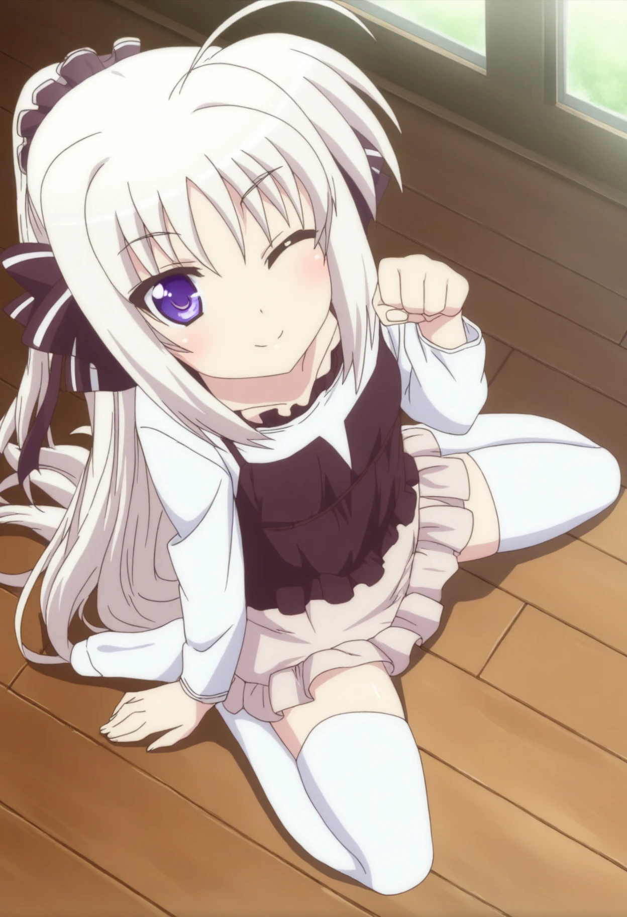 (masterpiece:1.1), (high resolusion:1.1), (illustration:1.05),,(lucy heartfilia:1.2), (artwork by Ashito Oyari:1.2), solo, silver hair, long hair, large breasts, pale skin, maid headband, white headwear, edwardian Maid , black shirt, long sleeves, white cuffs, maid apron, white long apron, long skirt, black skirt, frilled skirt, black pantyhose, white gloves, black leather shoes,(pov:1.5),(spread legs:1.2),forcus on panty,(detailed purple hipster panties:1.4),(trembling,vulgarity,steam,:1.2), (enchanted face:1.4),arms behind back,(vulgarity,sexual ecstasy,:1.2),Minimal background, full bodyesbian, Anime style, cartoon, Offended, Closed mouth, Look at viewers, arms folded