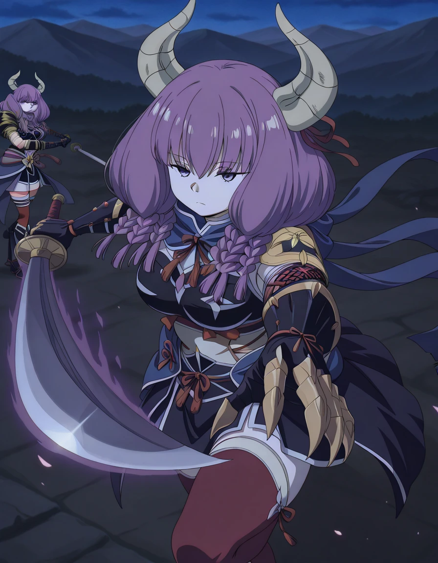 masterpiece, best quality, amazing quality,, <lora:aura-the-guillotine-s1-illustriousxl-lora-nochekaiser:1>, aura the guillotine, aura (sousou no frieren), long hair, purple eyes, purple hair, braid, horns, twin braids, mature female, medium breasts, anime screencap, <lora:kamura-armor-illustriousxl-lora-nochekaiser:1>, kamura armor, armor, blue scarf, clawed gauntlets, gauntlets, hair ornament, hair ribbon, headband, kamura (armor), red ribbon, red thighhighs, ribbon, scarf, shoulder armor, thighhighs,, <lora:gatotsu-stance-illustriousxl-lora-nochekaiser:1>, gatotsu stance, weapon, sword, katana, holding weapon, holding, holding sword, foreshortening,, expressionless, , ,