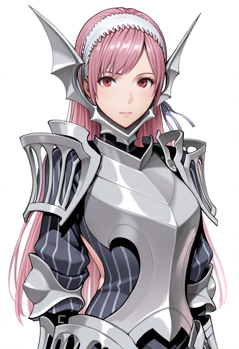 masterpiece, best quality, crimsonj-girl.fightil, 
  1girl, Cherche, long hair, pink hair, hairband, red eyes, armor, breastplate, shoulder armor, 
looking at viewer, smilling,
  Simple background,  perfect 