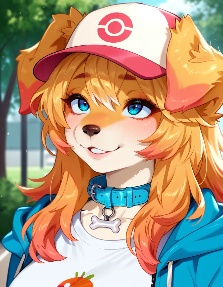 masterpiece, best quality, very aesthetic, absurdres,
outdoors,
upper body, body, standing, posing,
seductive smile, parted lips, long eyelashes,
<lora:Blue_v01_NAIXL:1>
81u3,1girl,solo,furry,furry female,dog girl,dog ears,long hair,blonde hair,multicolored hair,orange hair,baseball cap,blue eyes,snout,animal nose,collar,body fur,two-tone fur,dog ears,