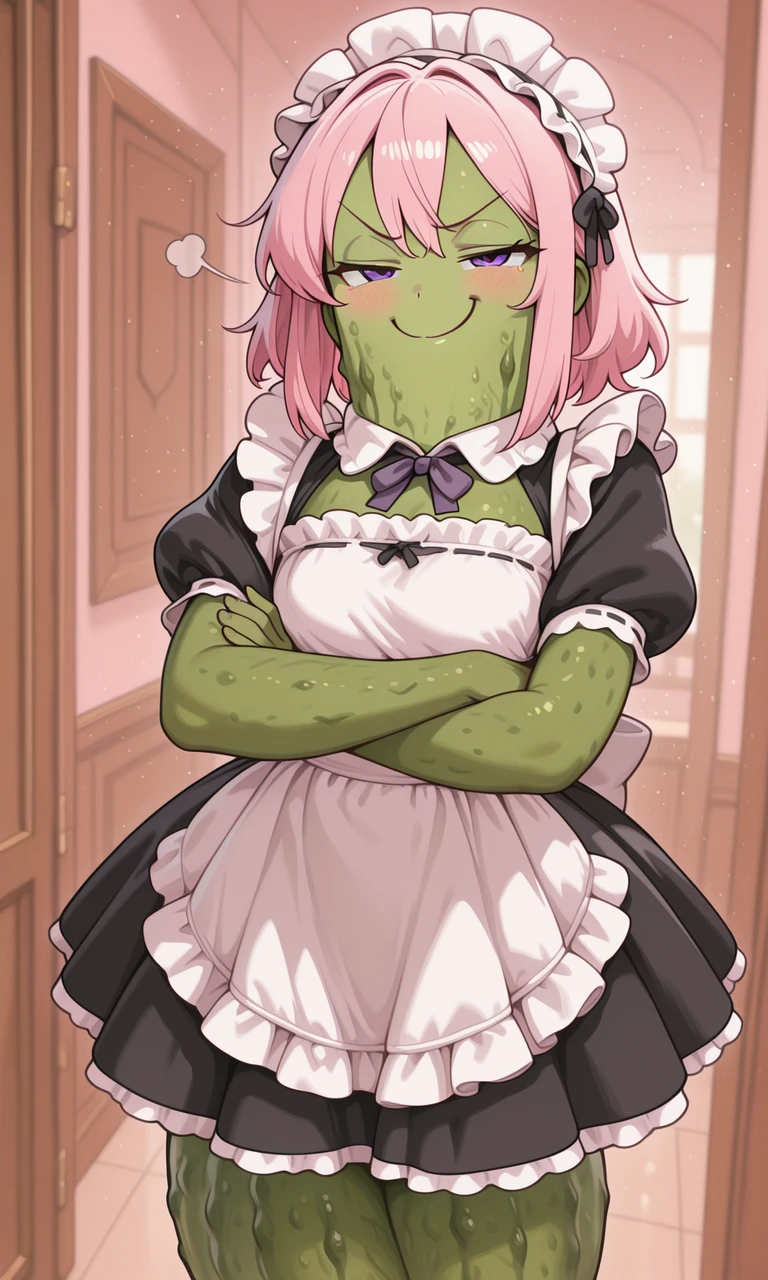 embedding:IllusP0s, pickle rickalized, green skin, pink hair, purple eyes, maid outfit, smug,<lora:Pickle Rickalized_illustrious.safetensors:1.0:1.0> <lora:CivChan.safetensors:0.8:0.8>