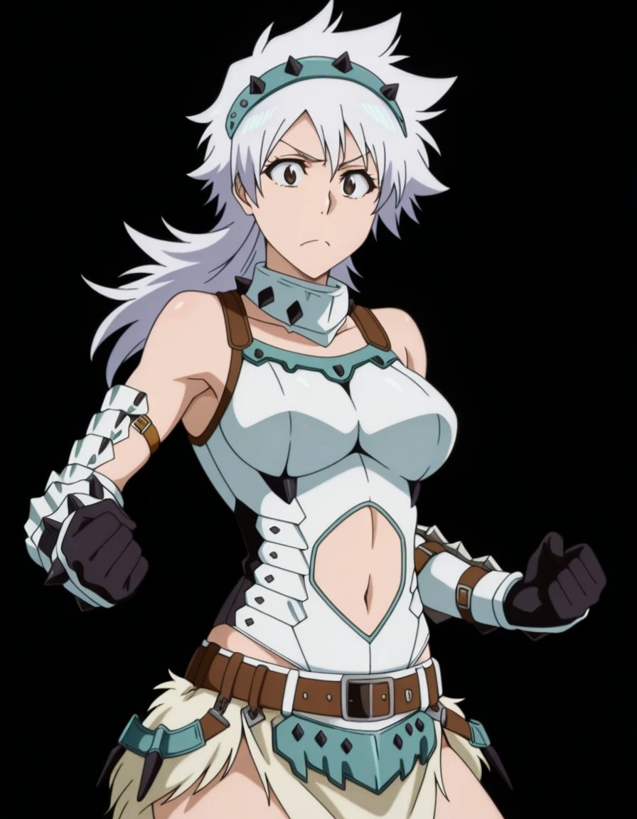 masterpiece, best quality, amazing quality,, <lora:tatsuki-arisawa-anime-illustriousxl-lora-nochekaiser:1>, tatsuki arisawa, arisawa tatsuki, short hair, black hair, long hair, brown eyes, mature female, medium breasts, anime screencap, <lora:barioth-armor-illustriousxl-lora-nochekaiser:1>, barioth armor, armor, barioth (armor), elbow gloves, gloves, hairband, headgear, bare shoulders, navel, navel cutout, mane, fur, white hair, head band, spiky hair, belt,, <lora:dynamic-pose-illustriousxl-lora-nochekaiser:1>, dynamic pose, midair, cowboy shot, frown, , ,