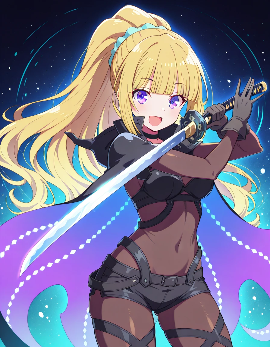 masterpiece, best quality, amazing quality,, <lora:kei-karuizawa-s2-v1-illustriousxl-lora-nochekaiser:1>, kei karuizawa, long hair, bangs, blunt bangs, purple eyes, blonde hair, shirt, hair ornament, ponytail, scrunchie, blue scrunchie, medium breasts,, <lora:namielle-armor-illustriousxl-lora-nochekaiser:1>, namielle armor, belt, black shorts, bodystocking, cape, choker, covered navel, cross-laced clothes, gloves, glowing, hood, multicolored clothes, namielle (armor), navel, see-through clothes, short shorts, shorts,, <lora:sword-guard-stance-illustriousxl-lora-nochekaiser:1>, sword guard stance, sword, weapon, solo, katana, holding, holding weapon, holding sword, looking at viewer, jumpsuit, yellow jumpsuit, high collar, cowboy shot, pants,, smile, open mouth, ,