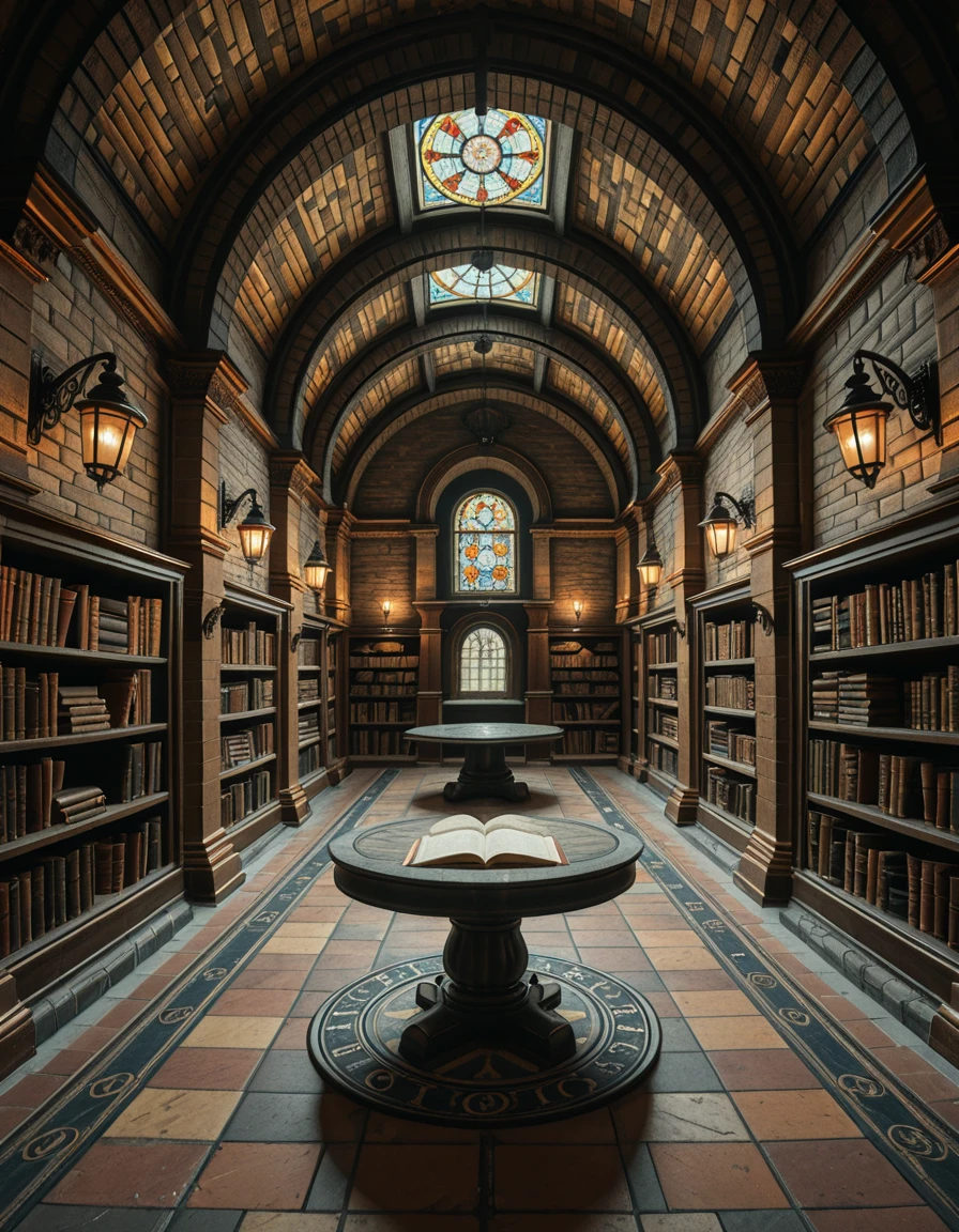 A hidden underground archive beneath a centuries-old library. The room is dimly lit by wrought iron lamps mounted on stone columns, casting flickering shadows across ancient brick walls. Long, vaulted ceilings arch overhead, and the scent of parchment and dust fills the air. Endless rows of oak shelves stretch into the distance, each packed with leather-bound tomes, scrolls sealed with wax, and mysterious artifacts locked behind glass cases. An intricate mosaic of alchemical symbols decorates the tiled floor, and in the center of the space, a circular reading table sits under a skylight made of stained glass, filtering colored light into the chamber. The ambiance is hushed, sacred, and steeped in secrets.hidden underground 4rch1v3, <lora:hidden_underground_4rch1v3-i:1>, Masterpiece,best quality,hi res,8k,hi res,8k,award winning,(sharp focus, intricate, highly detailed),