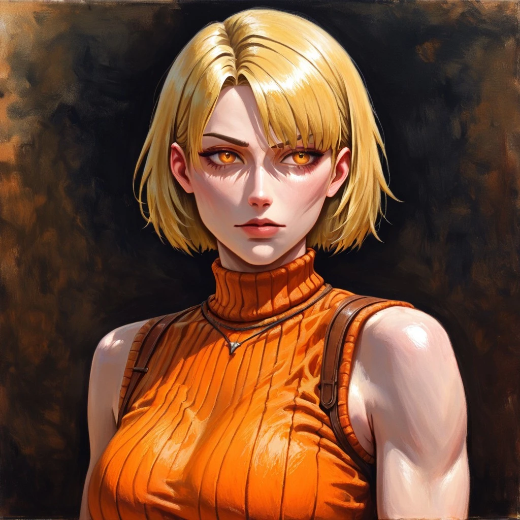 masterpiece, best quality, newest, absurdres, highres, GOTPV1.0, oil painting (medium),
1girl, ashley graham (resident evil), blonde, orange shirt, blonde hair, orange sweater,
sleeveless, sleeveless sweater, sleeveless tutrleneck, turtleneck, short hair, curtained hair,