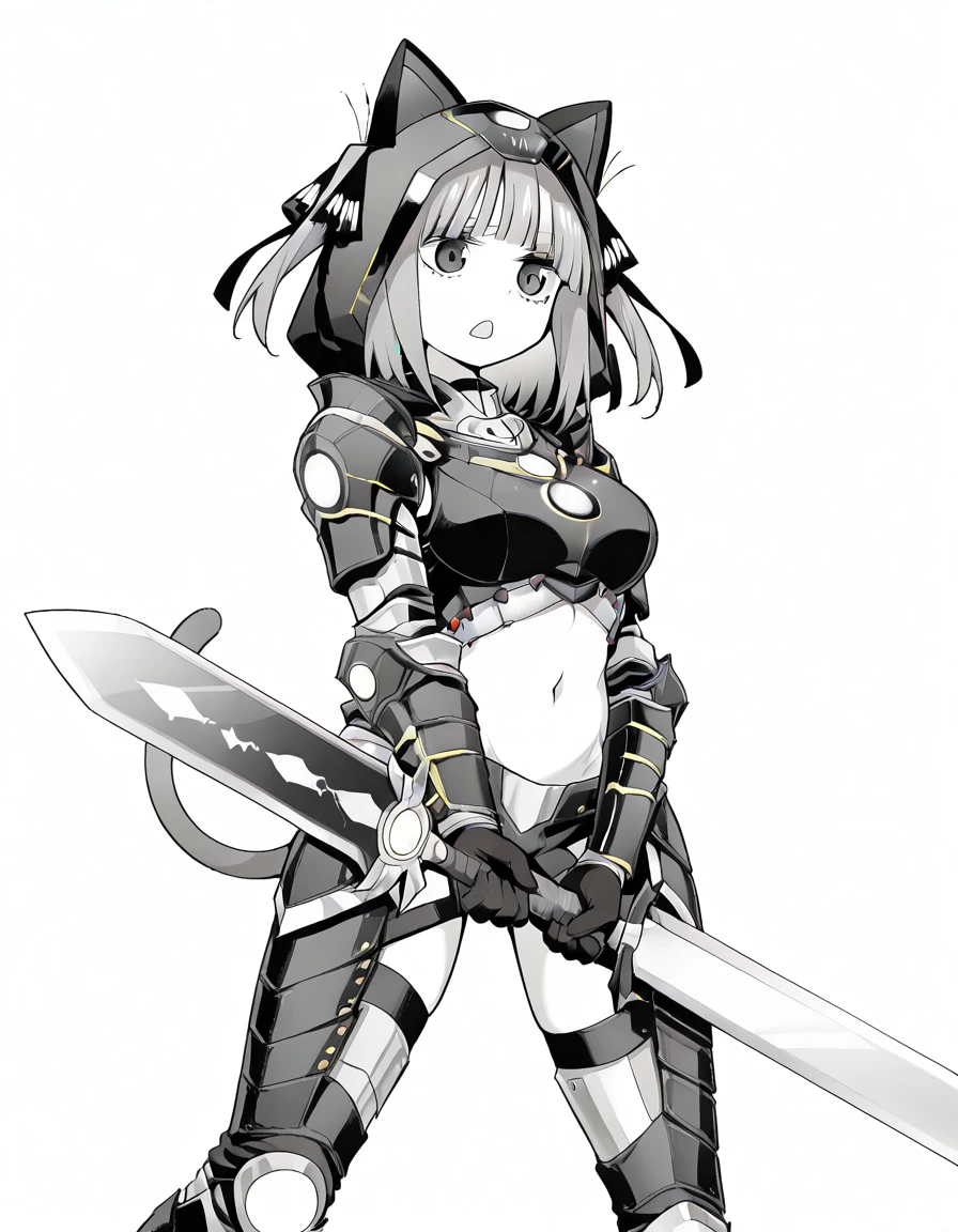 masterpiece, best quality, amazing quality,, <lora:nino-nakano-manga-illustriousxl-lora-nochekaiser:1>, nino nakano, nakano nino, short hair, bangs, hair ornament, hair ribbon, blunt bangs, two side up, butterfly hair ornament, monochrome, greyscale, mature female, breasts,, <lora:almudron-armor-illustriousxl-lora-nochekaiser:1>, almudron armor, almudron (armor), animal ear hood, black gloves, black hood, brown tail, crop top, gloves, hood, hood up, midriff, navel, tail,, <lora:sunrise-stance-illustriousxl-lora-nochekaiser:1>, sunrise stance, weapon, sword, solo, open mouth, holding weapon, holding, holding sword,, expressionless, , ,