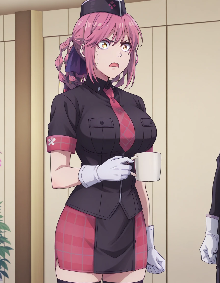 masterpiece, best quality, amazing quality,, <lora:renren-akebayashi-s1-illustriousxl-lora-nochekaiser:1>, renren akebayashi, yellow eyes, pink hair, braid, twin braids, mature female, breasts, anime screencap, <lora:healer-u-armor-illustriousxl-lora-nochekaiser:1>, healer u armor, garrison cap, gloves, hat, healer u (armor), military, military uniform, necktie, nurse, skirt, thighhighs, white gloves, zettai ryouiki, plaid,, <lora:shinji-holding-a-mug-illustriousxl-lora-nochekaiser:1>, shinji holding a mug, holding, cup, frown, holding cup, mug, indoors, solo, angry, open mouth, ,