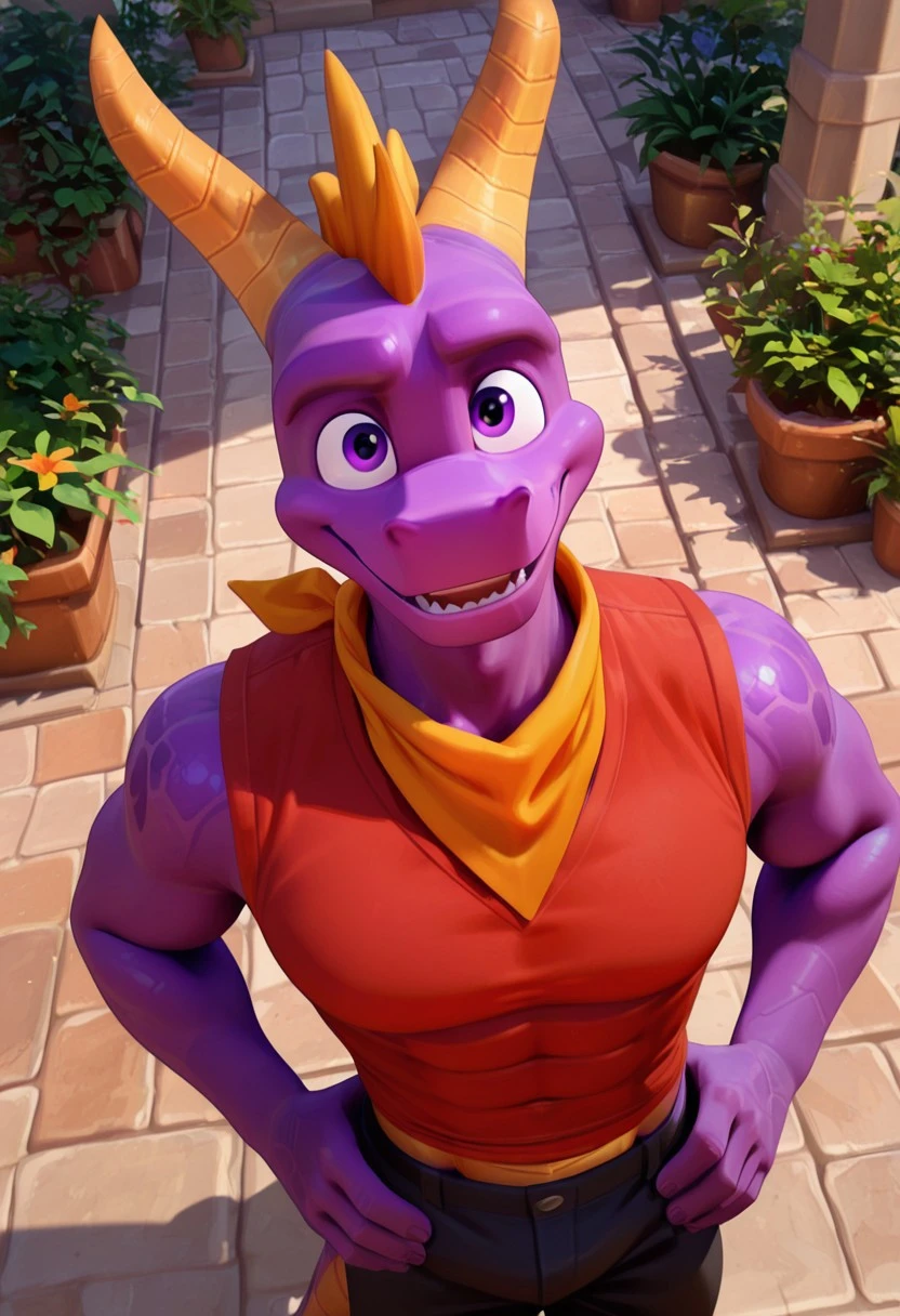 masterpiece, best quality, amazing quality, very aesthetic, absurdres, newest, high quality, detailed, Spyro, 1boy, solo male, dragon, anthro, mature male, purple eyes, horns, slender build, purple skin, yellow underbelly, standing, pecs, abs, red neckerchief, red orange vest, black pants, half body, looking at viewer, smiling, outdoors, volumetric lighting, sunny, hands on hips, high angle, looking up, overhead, from above, garden, courtyard, Flatline, Flat vector illustration