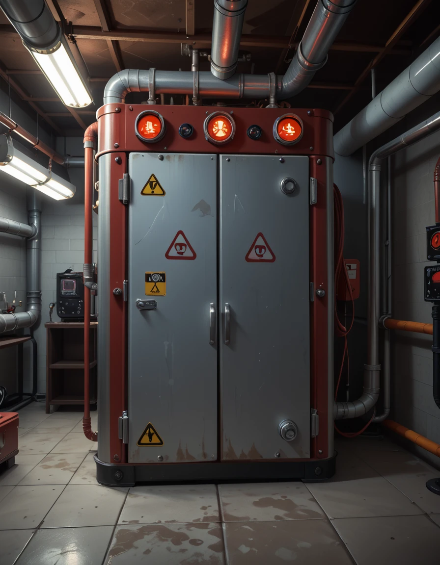 A detailed photo of the exterior of the Ecto-Containment Unit, located in a dimly lit basement facility. The unit is a large, reinforced metallic structure with red and silver panels, thick wiring, and glowing warning lights. Industrial hazard symbols are painted across its surface, and a secure access hatch is bolted shut on the front. Pipes and power conduits run along the walls and ceiling, feeding into the containment system. The room is concrete and shadowy, lit by flickering fluorescent lights and the pulsing red glow of the unitâs power core. No characters present. Cinematic, high-tech paranormal lab atmosphere, detailed and ominous.
,Ecto-Containment Un1t,  <lora:Ecto-Containment_Un1t-p:1>,score_9, score_8_up, score_7_up,amazing quality, ultra realistic, 3D, HD, best quality, amazing quality, very aesthetic, absurdres