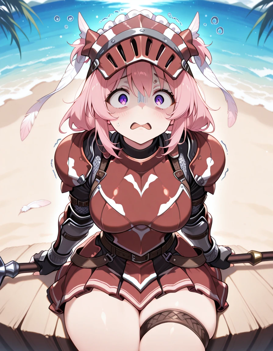masterpiece, best quality, amazing quality,, <lora:CivChan:1>, CivChan, purple eyes, pink hair, mature female, breasts, maid headdress, , <lora:hermitaur-armor-illustriousxl-lora-nochekaiser:1>, hermitaur armor, armor, red armor, asymmetrical clothes, belt, blush, bracelet, fingerless gloves, gloves, feathers, hair ornament, hat, helmet, hermitaur (armor), jewelry, skirt, striped, thigh strap, thighs, turtleneck, beach, sitting, headgear,, <lora:dynamic-pose-illustriousxl-lora-nochekaiser:1>, dynamic pose, holding weapon, weapon, polearm, holding polearm, holding, cowboy shot, scared, , ,