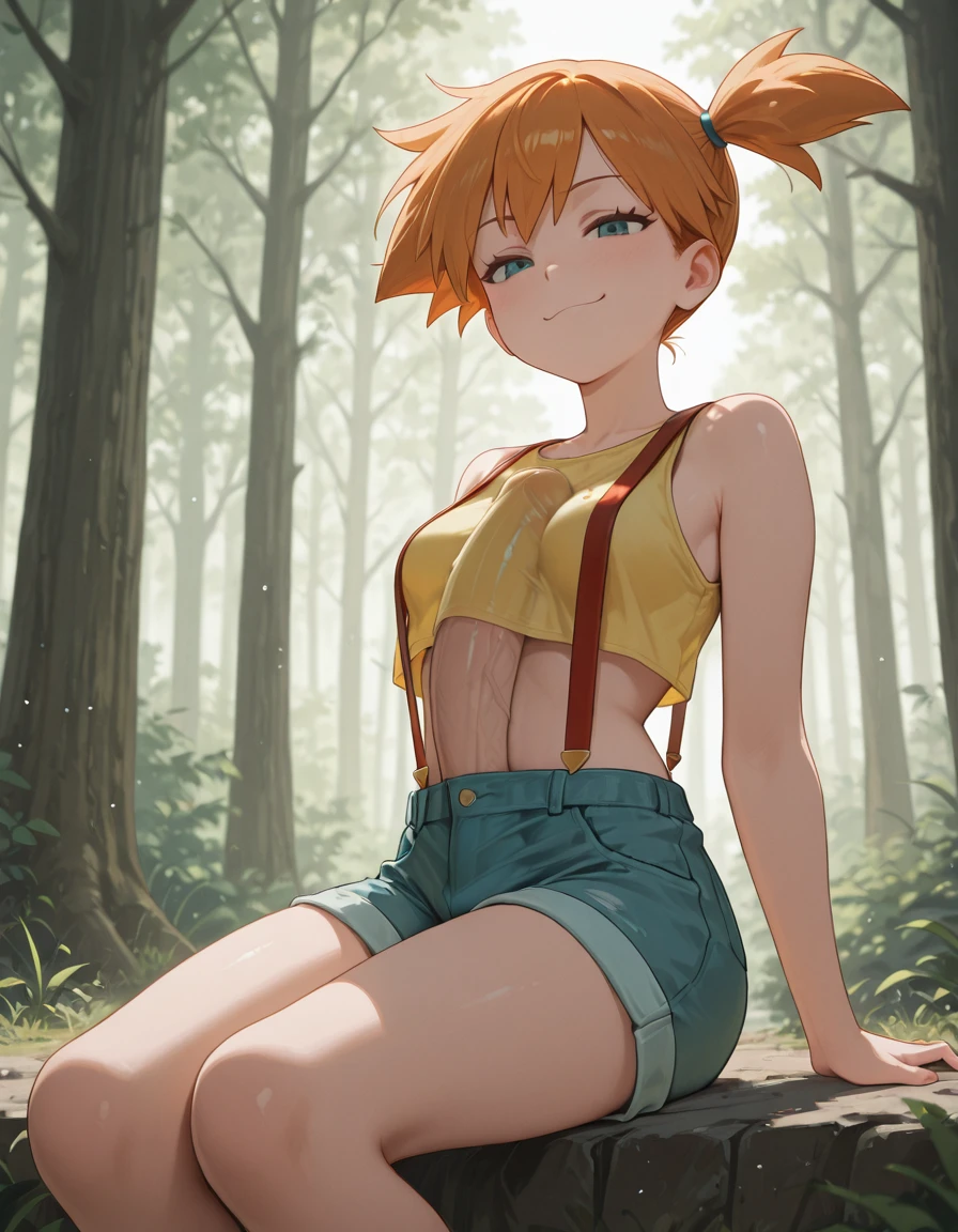 (Masterpiece), Best Quality, ultra-detailed, 1girl (Gwendolyn_Tennyson, lovely small breasts, orange hair, short hair, green eyes, half-closed eyes),  smile, parted lips, nose blush, blush, facing viewer, looking at viewer, solo, yellow tank_top(, tired), denim shorts, , in the forest, walk, sexy walking, sexy waist teasing, spread  arms,  Full-body 