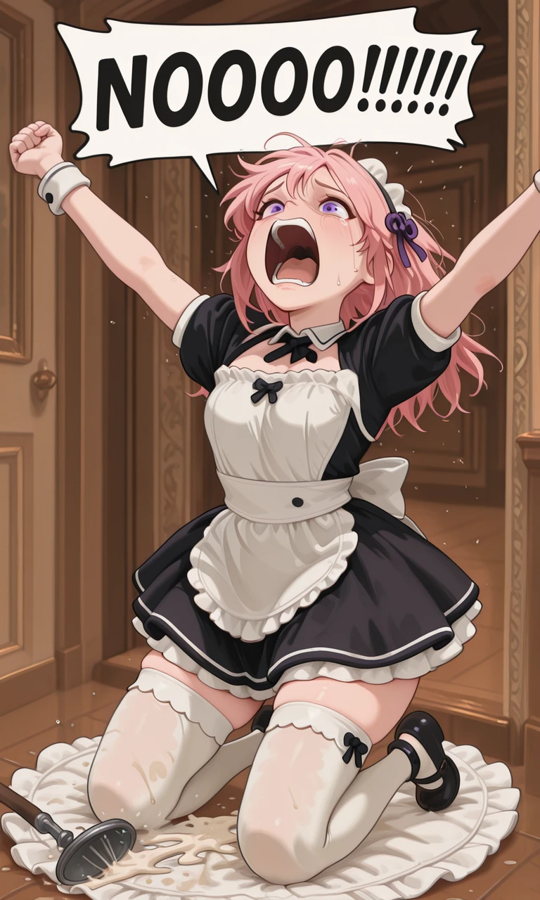 embedding:IllusP0s, g00se, pink hair, purple eyes, maid outfit, speech bubble, NOOO!!!, screaming, kneeling,<lora:NOOO_illustrious.safetensors:1.0:1.0> <lora:g00se_v2_ill.safetensors:0.9:0.9> <lora:CivChan.safetensors:0.8:0.8>