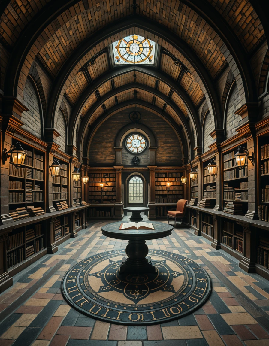 A hidden underground archive beneath a centuries-old library. The room is dimly lit by wrought iron lamps mounted on stone columns, casting flickering shadows across ancient brick walls. Long, vaulted ceilings arch overhead, and the scent of parchment and dust fills the air. Endless rows of oak shelves stretch into the distance, each packed with leather-bound tomes, scrolls sealed with wax, and mysterious artifacts locked behind glass cases. An intricate mosaic of alchemical symbols decorates the tiled floor, and in the center of the space, a circular reading table sits under a skylight made of stained glass, filtering colored light into the chamber. The ambiance is hushed, sacred, and steeped in secrets.hidden underground 4rch1v3, <lora:hidden_underground_4rch1v3-i:1>, Masterpiece,best quality,hi res,8k,hi res,8k,award winning,(sharp focus, intricate, highly detailed),